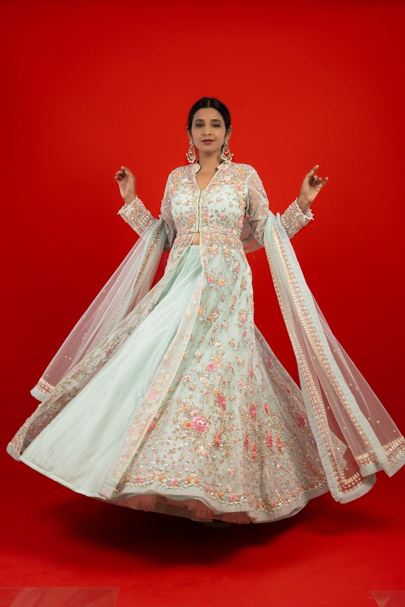 Light Blue Net Jacket Lehenga with Pearl and Sequin Embroidery - Mokshaa