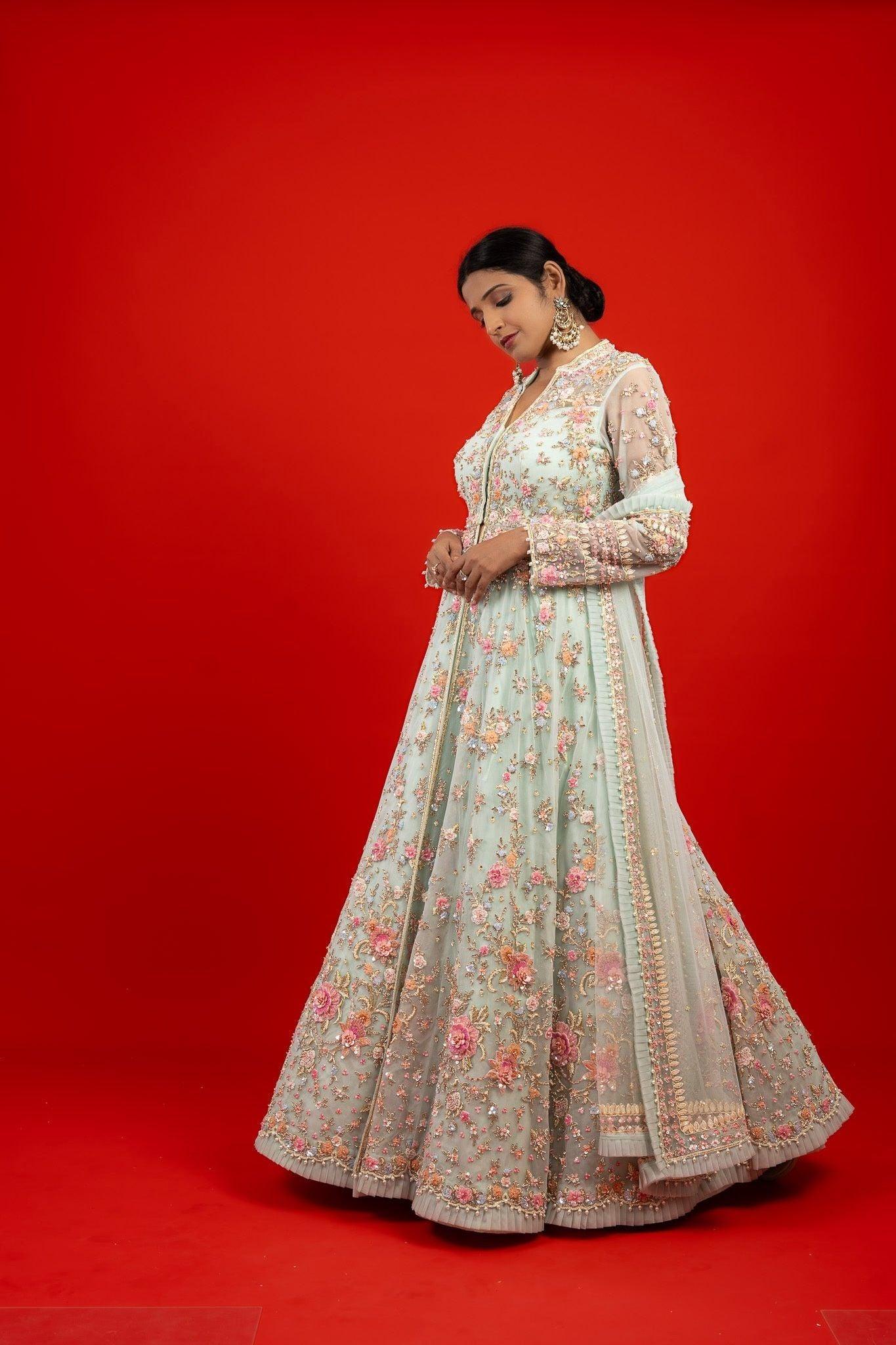 Light Blue Net Jacket Lehenga with Pearl and Sequin Embroidery - Mokshaa