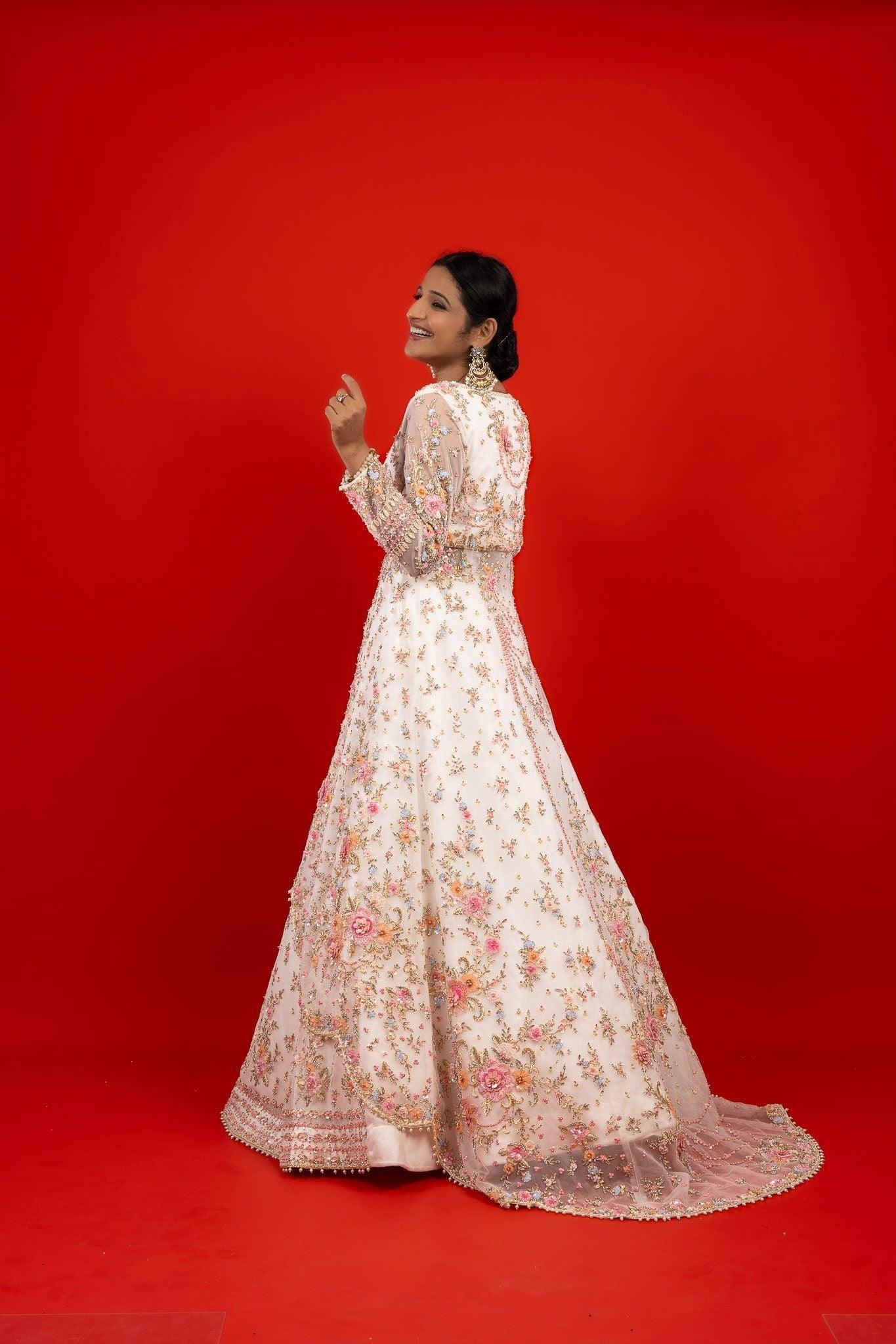 Ivory Net Jacket Lehenga with Sequins, Pearl, Stone & Appliqu茅Embroidery - Mokshaa