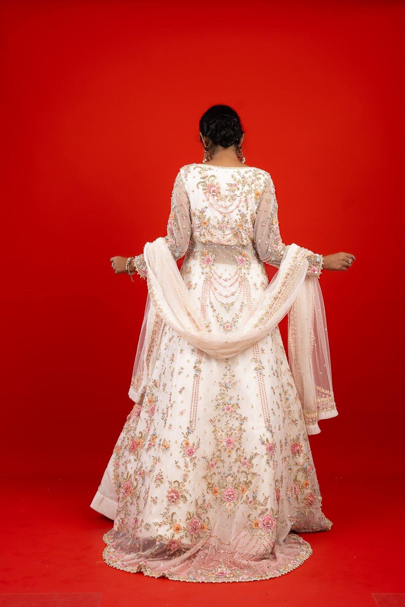 Ivory Net Jacket Lehenga with Sequins, Pearl, Stone & Appliqu茅Embroidery - Mokshaa