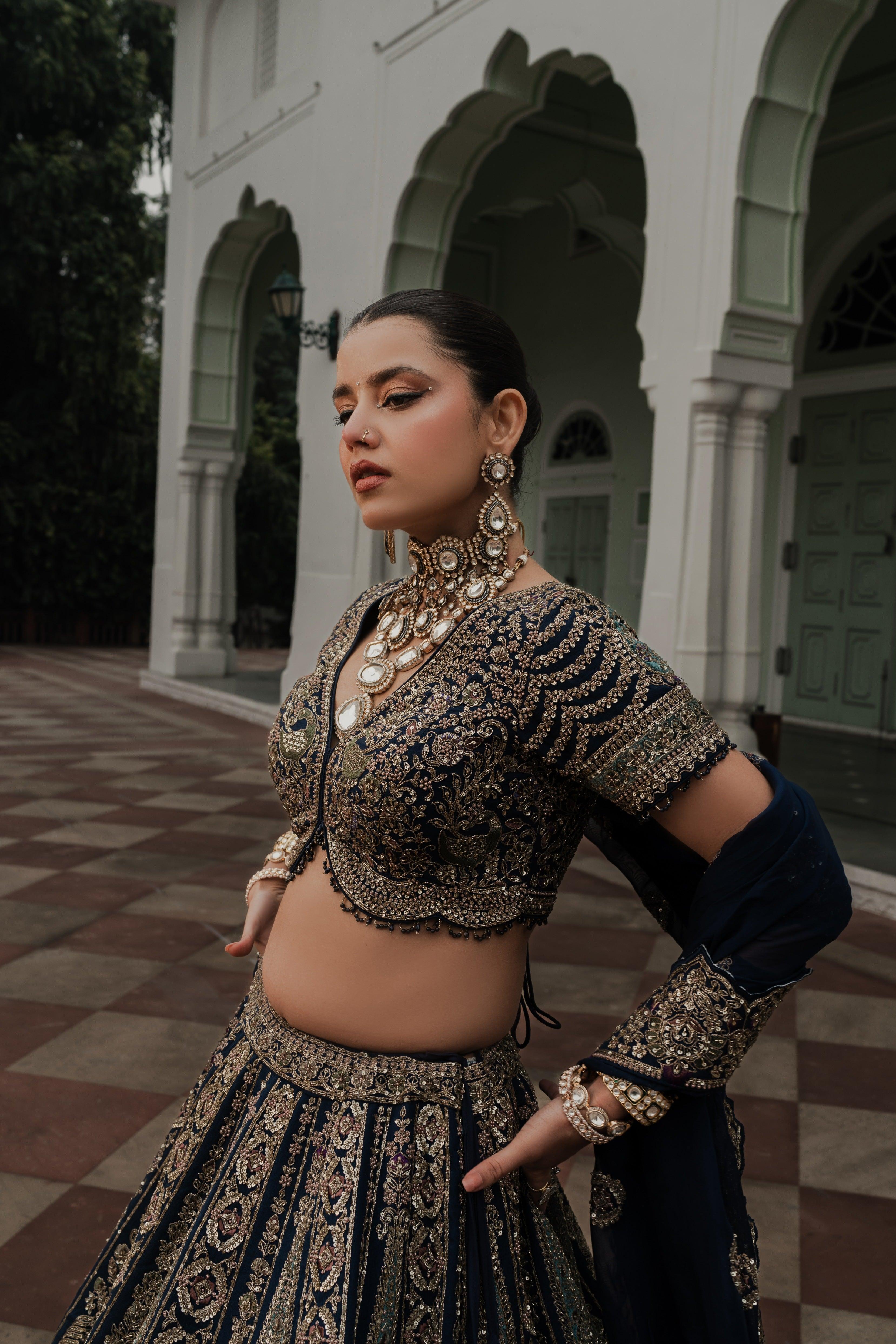 Navy Blue Velvet Lehenga with Pastel Zardosi and Sequin Embroidery - Mokshaa