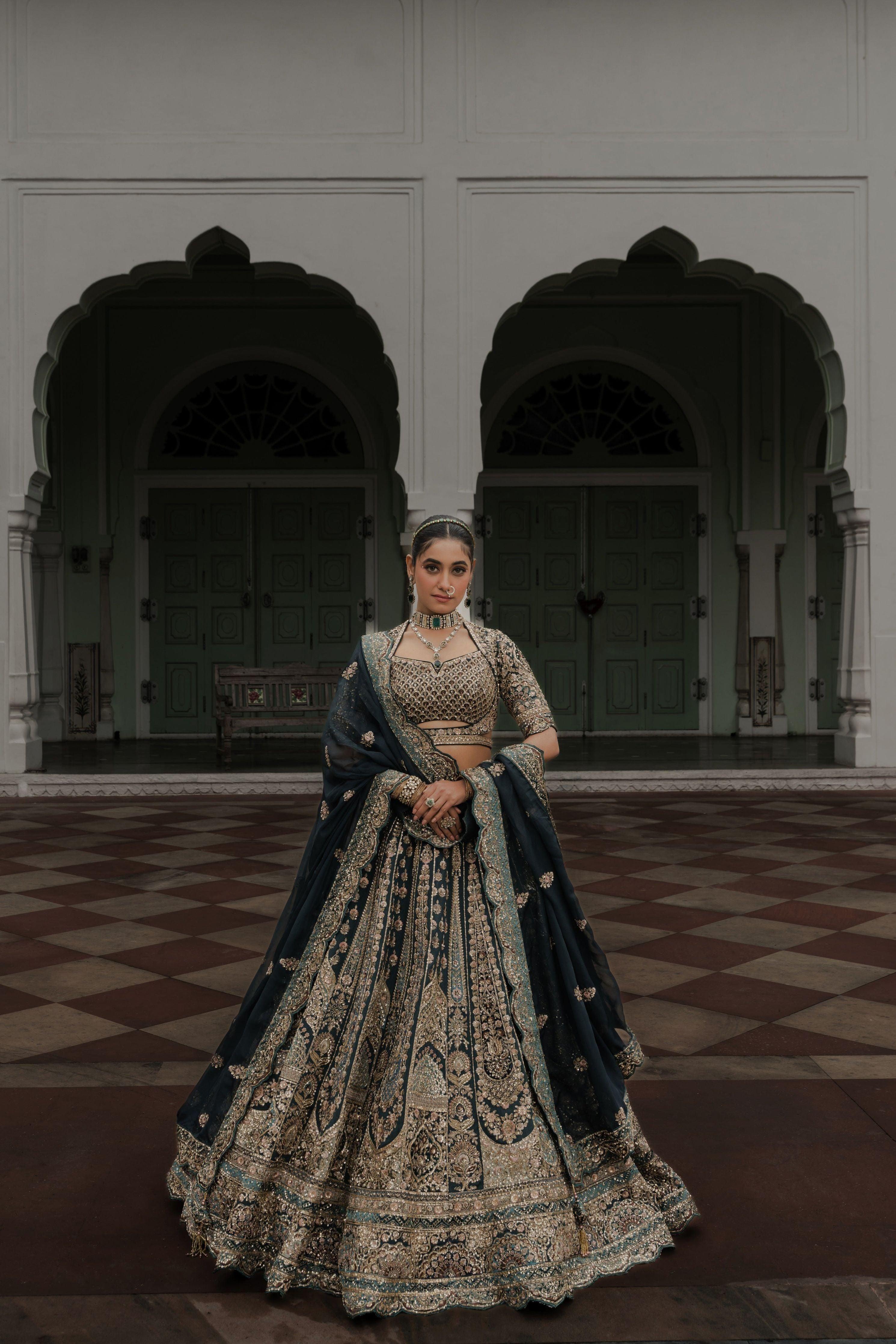 Teal Green Raw Silk Lehenga with Zardosi & Sequin Embroidery - Mokshaa