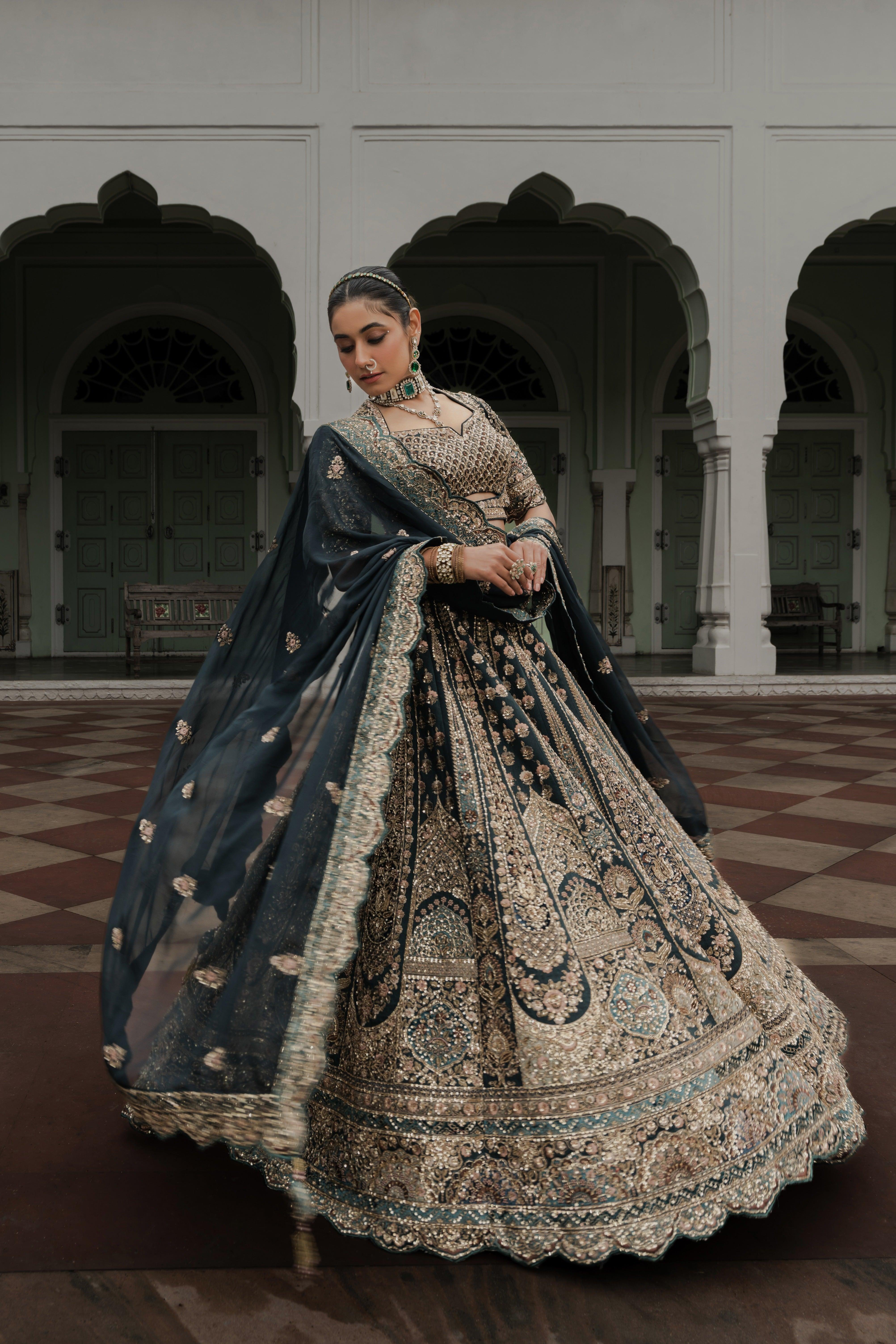 Teal Green Raw Silk Lehenga with Zardosi & Sequin Embroidery - Mokshaa