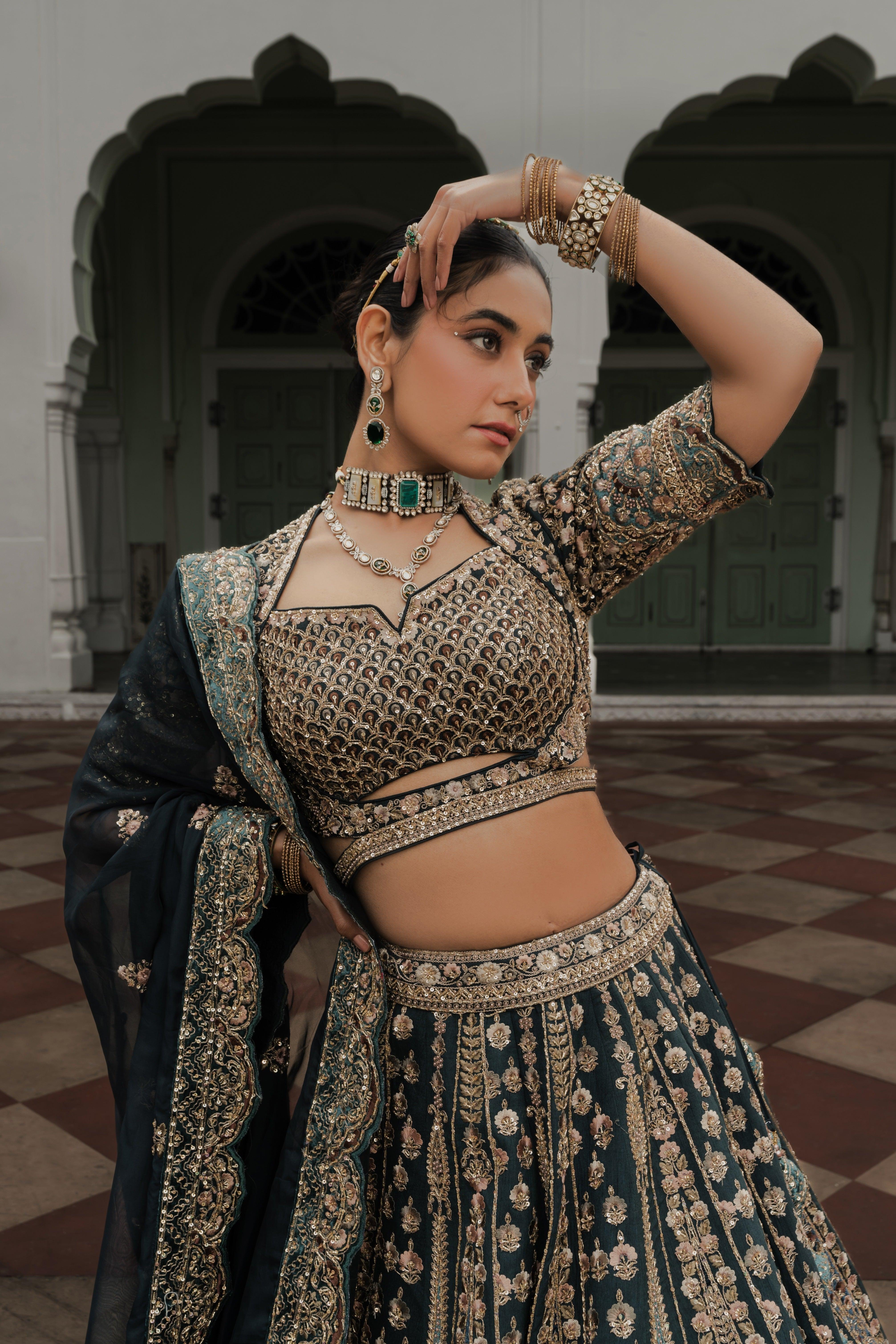 Teal Green Raw Silk Lehenga with Zardosi & Sequin Embroidery - Mokshaa