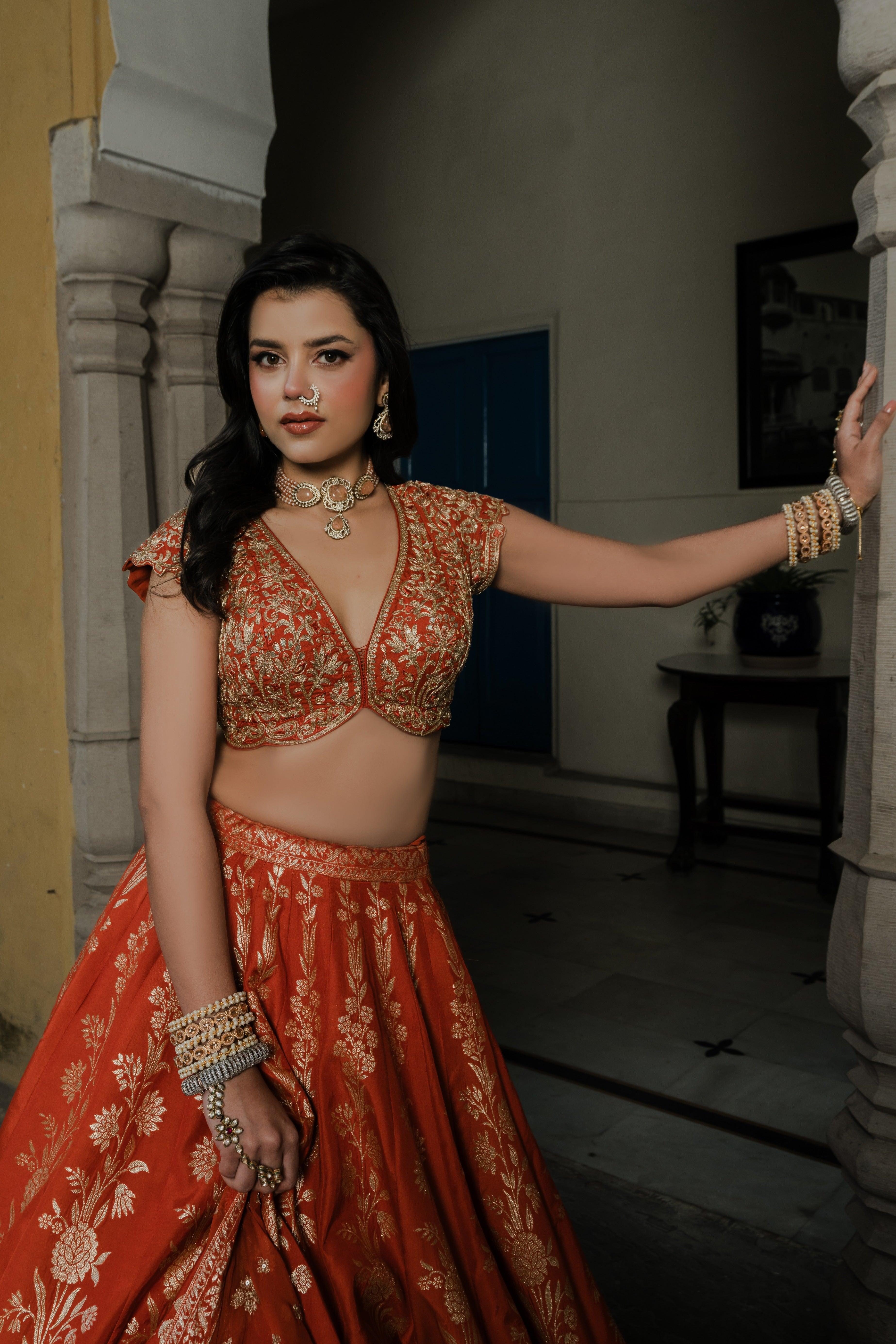 Rust Silk Lehenga Set with Silver Zari Embroidery - Mokshaa