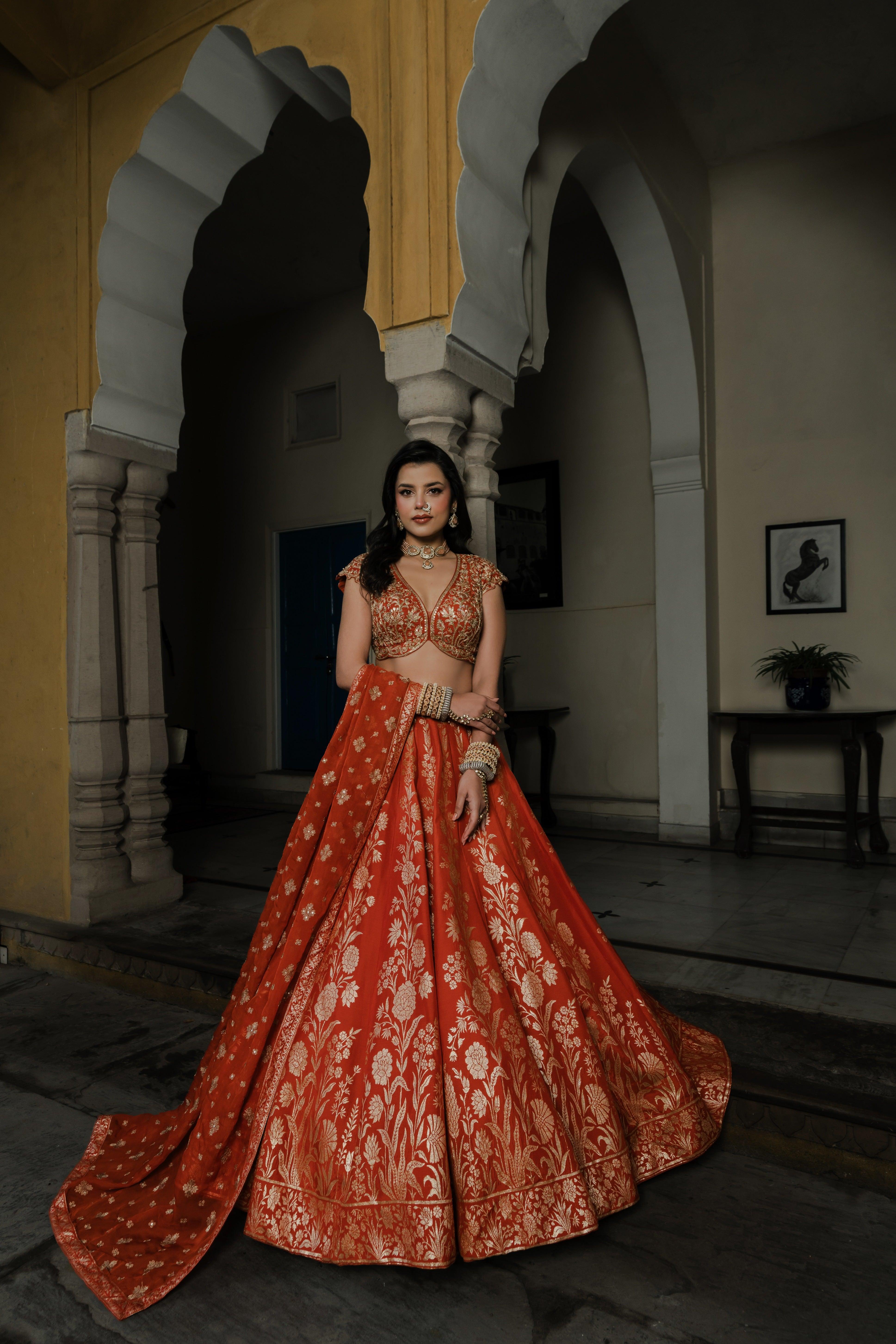 Rust Silk Lehenga Set with Silver Zari Embroidery - Mokshaa