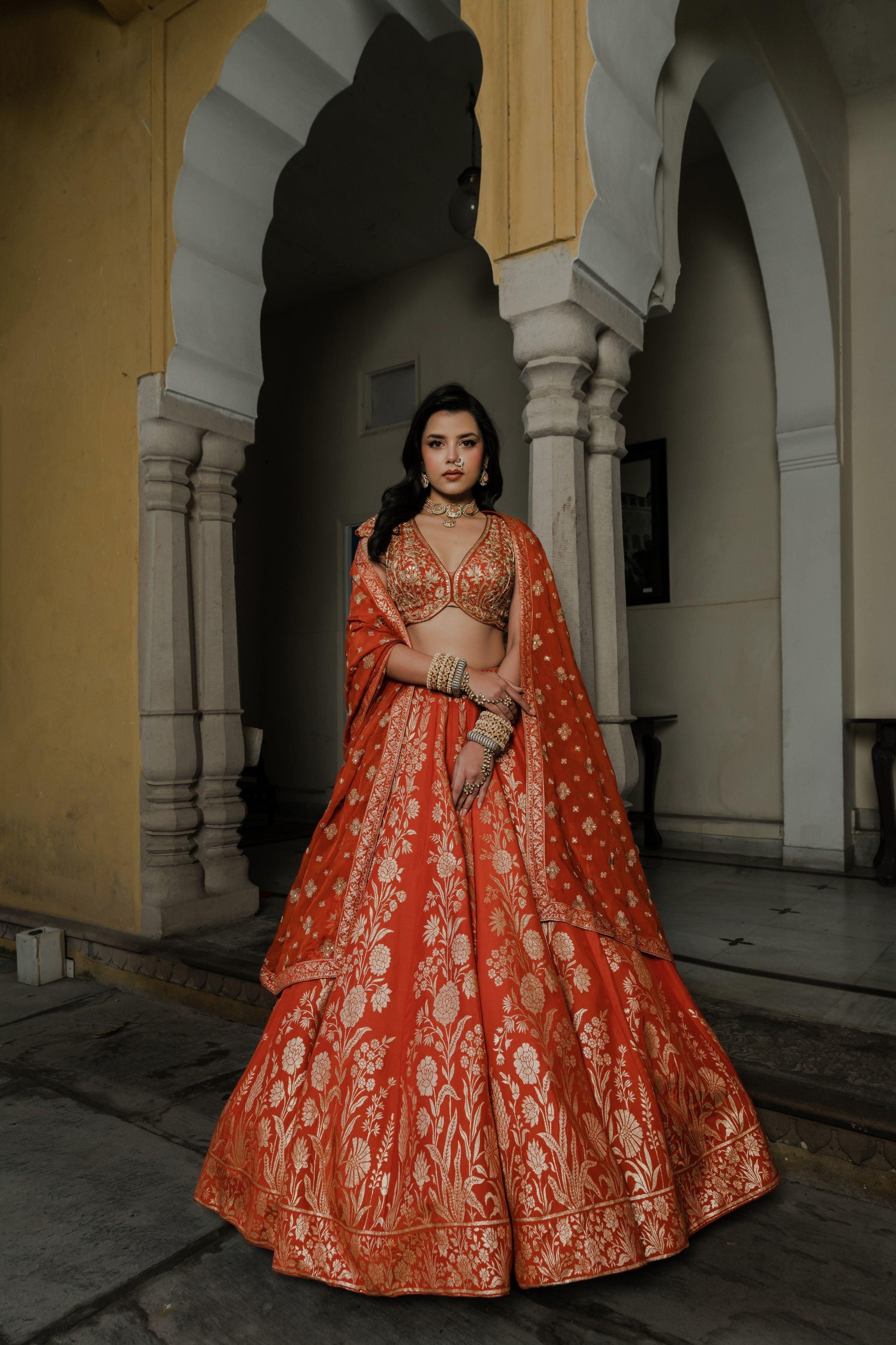 Rust Silk Lehenga Set with Silver Zari Embroidery - Mokshaa