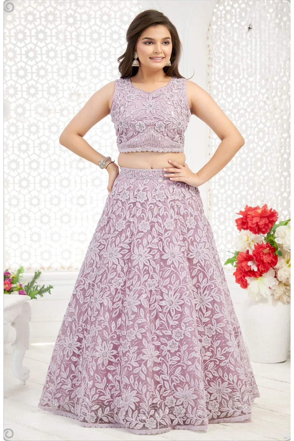 Pink Net Embroidered Lehenga Set - Mokshaa