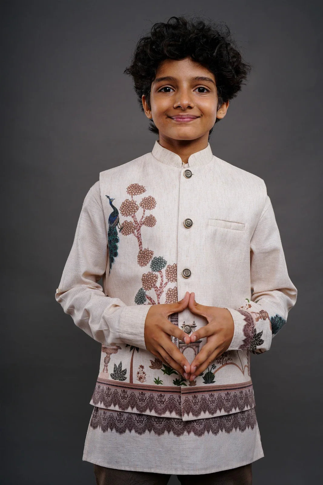 Cream Boys Bandi Jacket with Peacock & Floral Embroidery - Mokshaa