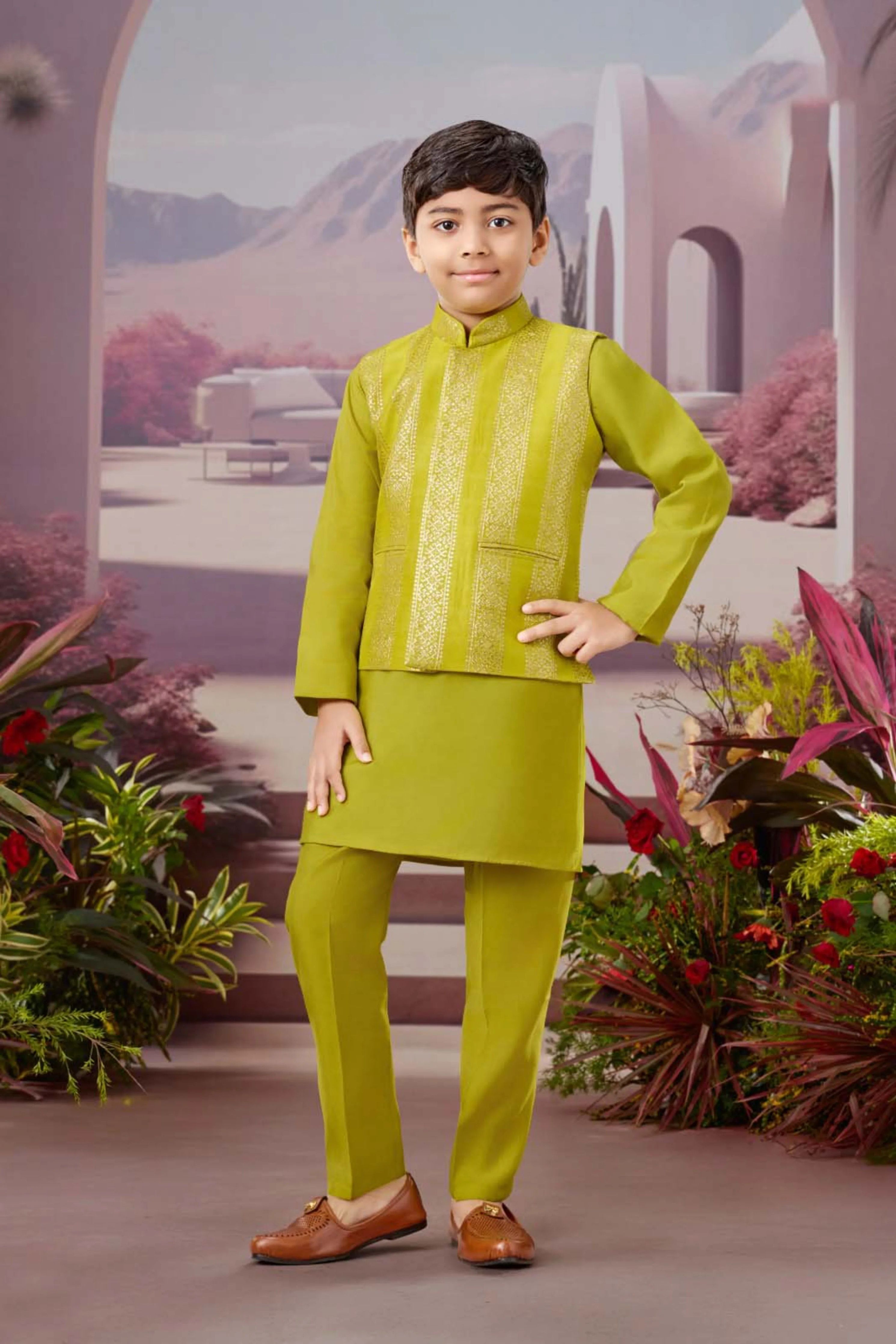 Olive Green Boys Indo-western Set with Brocade Pattern Jacket - Mokshaa