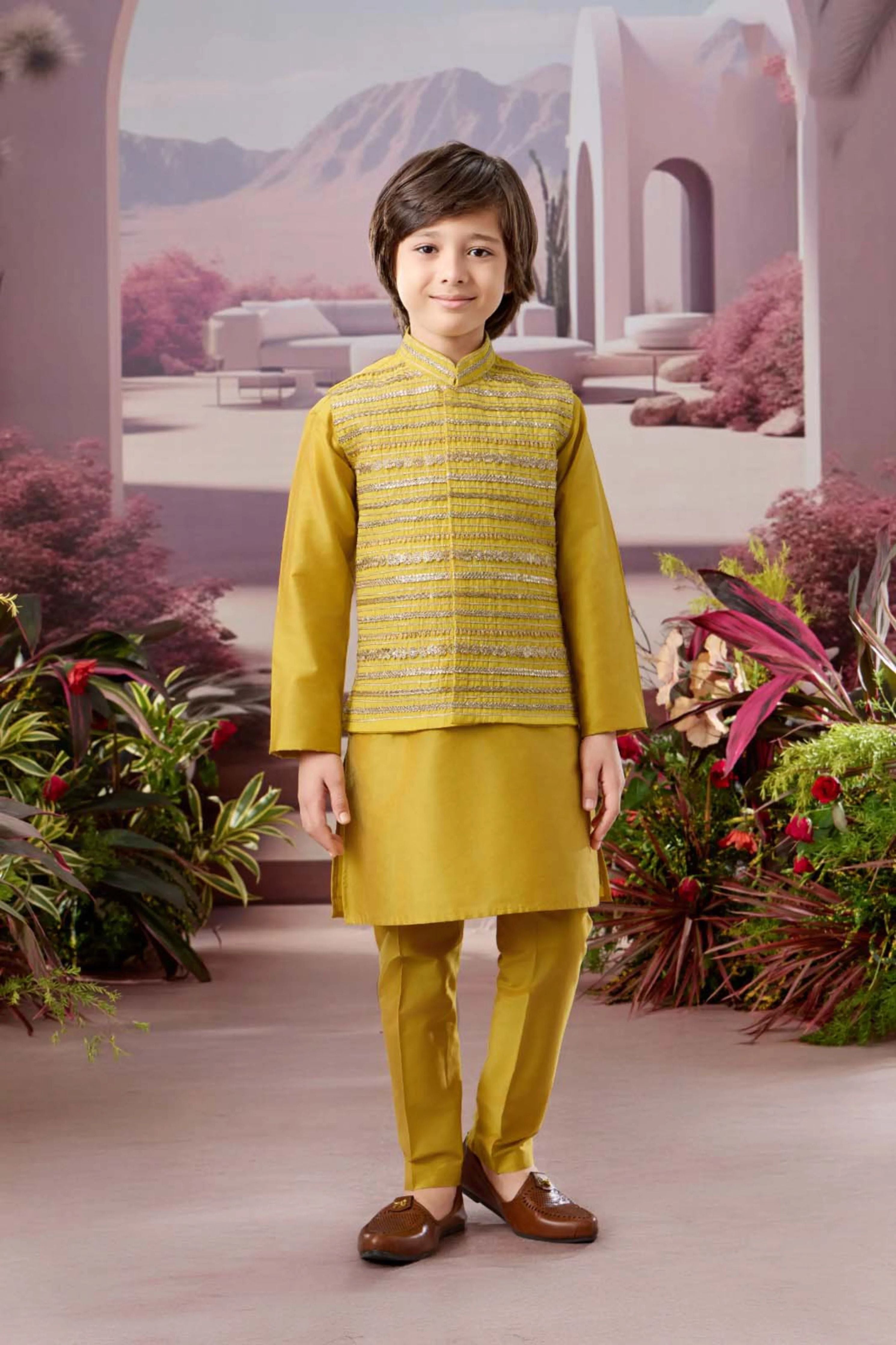 Mustard Yellow Boys Kurta Pajama Set with Embroidered Bandi - Mokshaa
