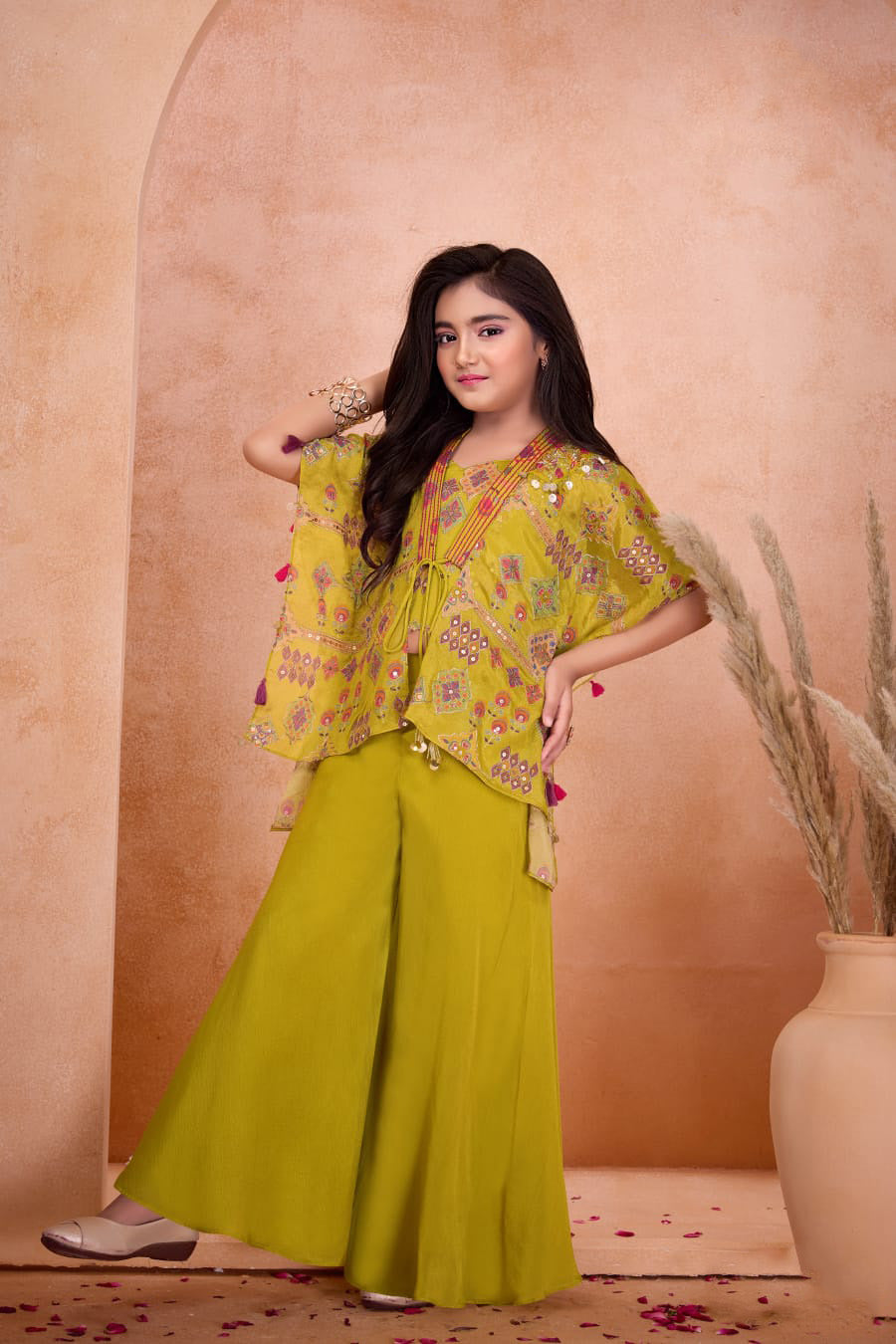 Mehendi Green Embroidered Kaftan Top with Palazzo Pants for Girls
