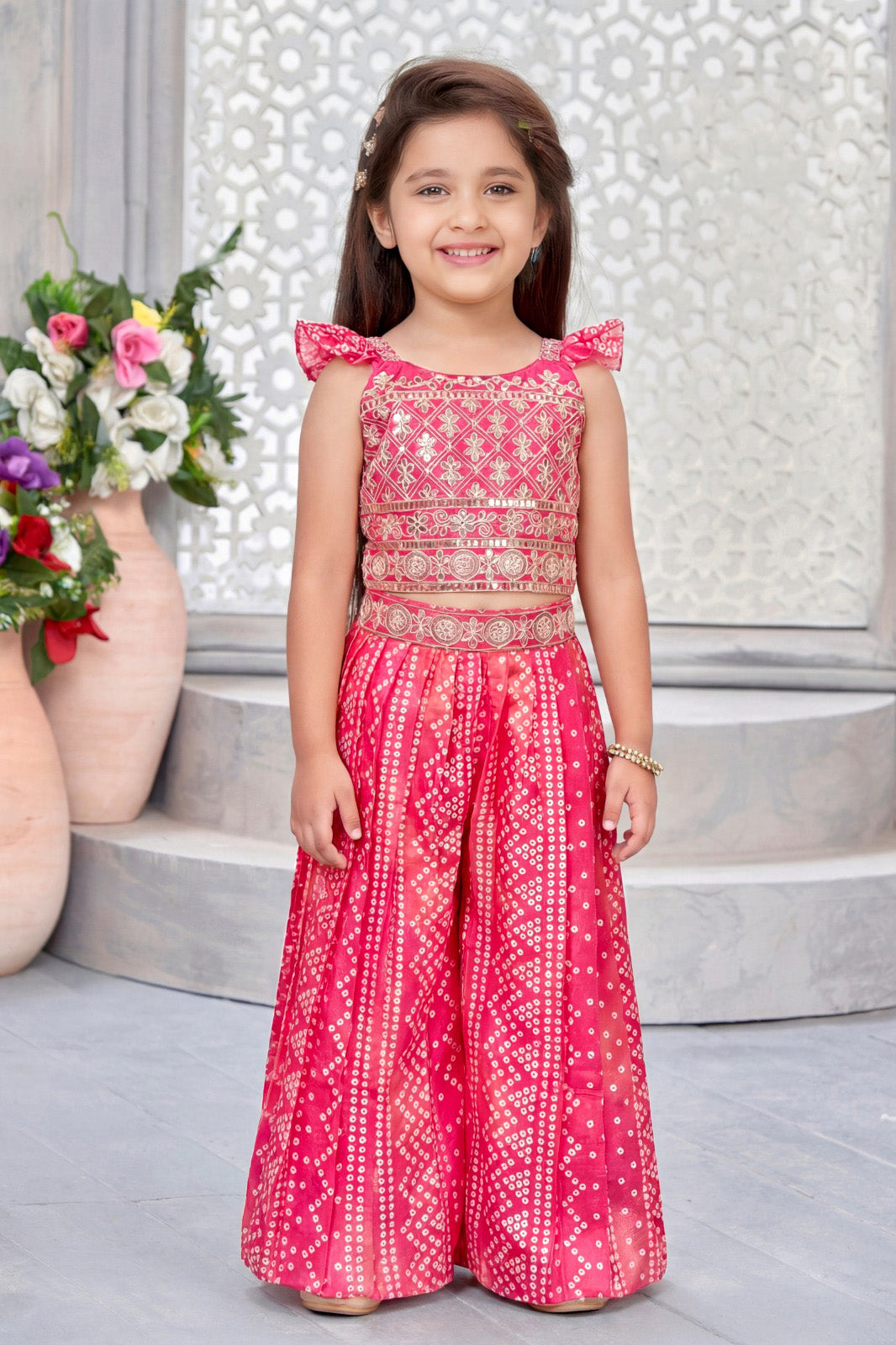 Pink Bandhani Print Embroidered Crop Top with Palazzo Pants for Girls