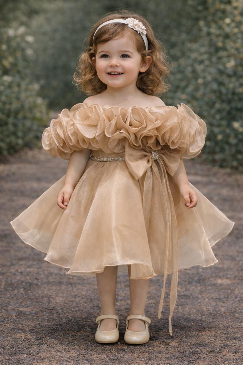 Champagne Organza Ruffle Off-Shoulder Frock for Girls