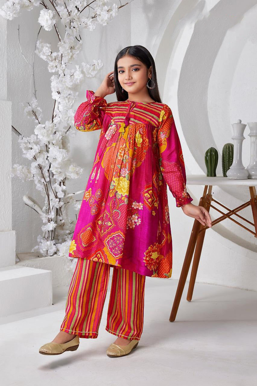 Pink Floral Print Gathered Kurti & Striped Pant Set for Girls