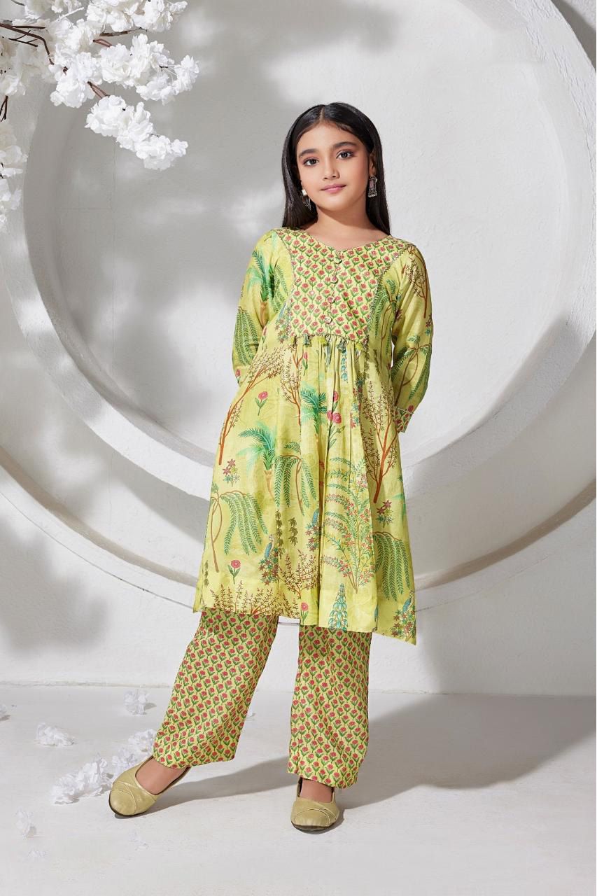 Lime Green Cotton Botanical Block Print Anarkali Kurti & Pants Set for Girls