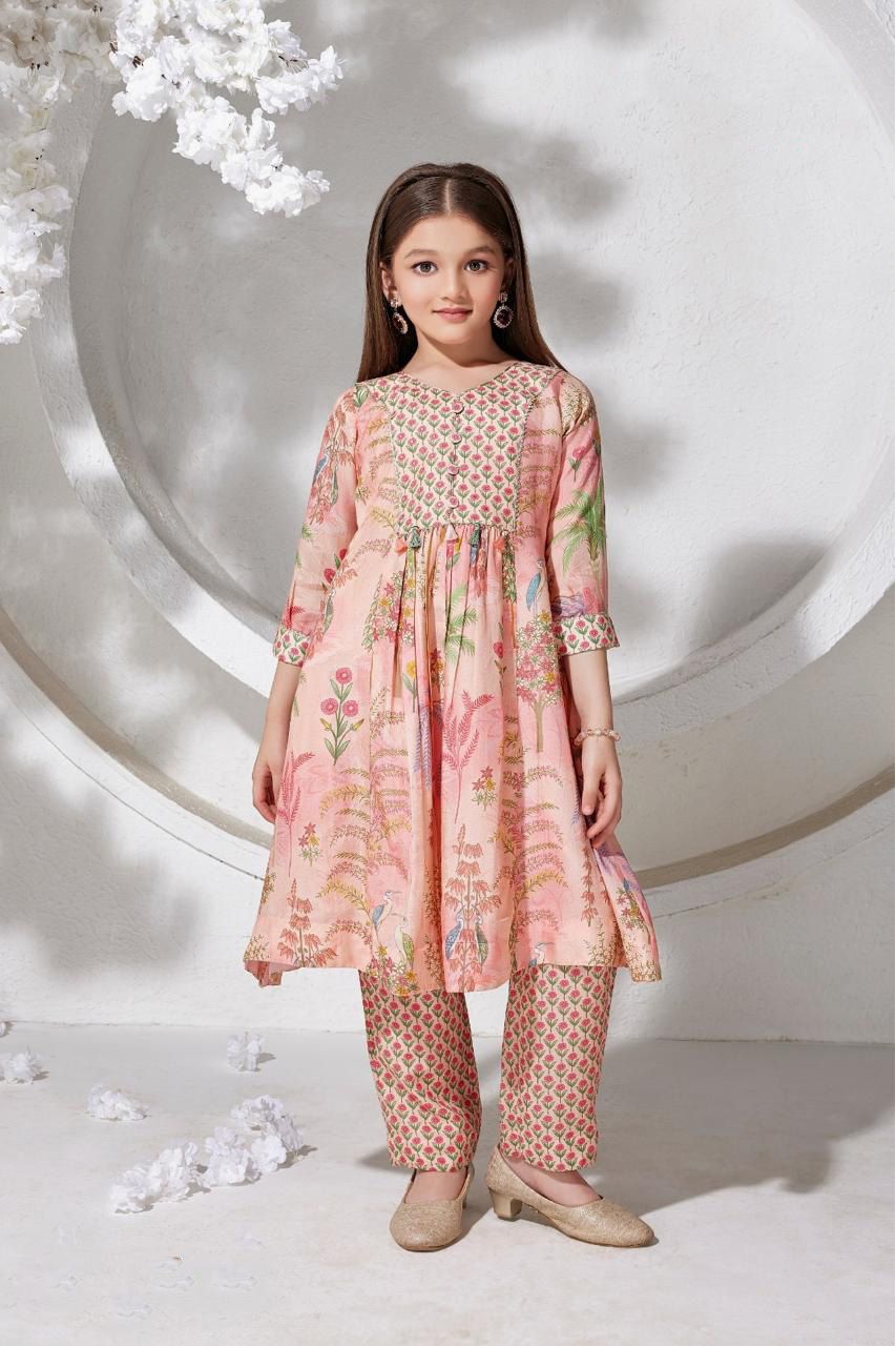 Peach Cotton Botanical Block Print Anarkali Kurti & Pants Set for Girls