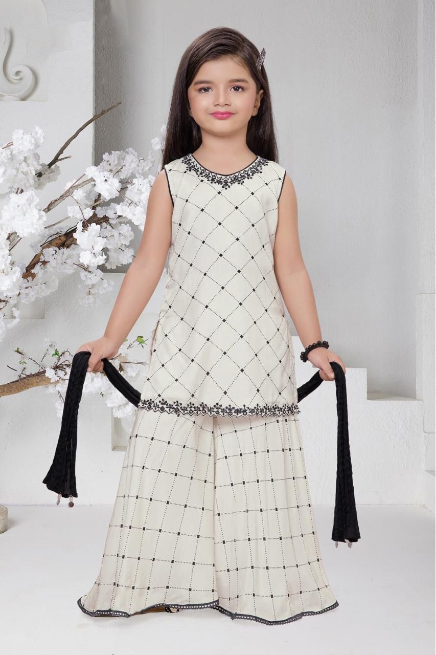 Ivory & Black Diamond Print Embroidered Kurti & Sharara Set for Girls