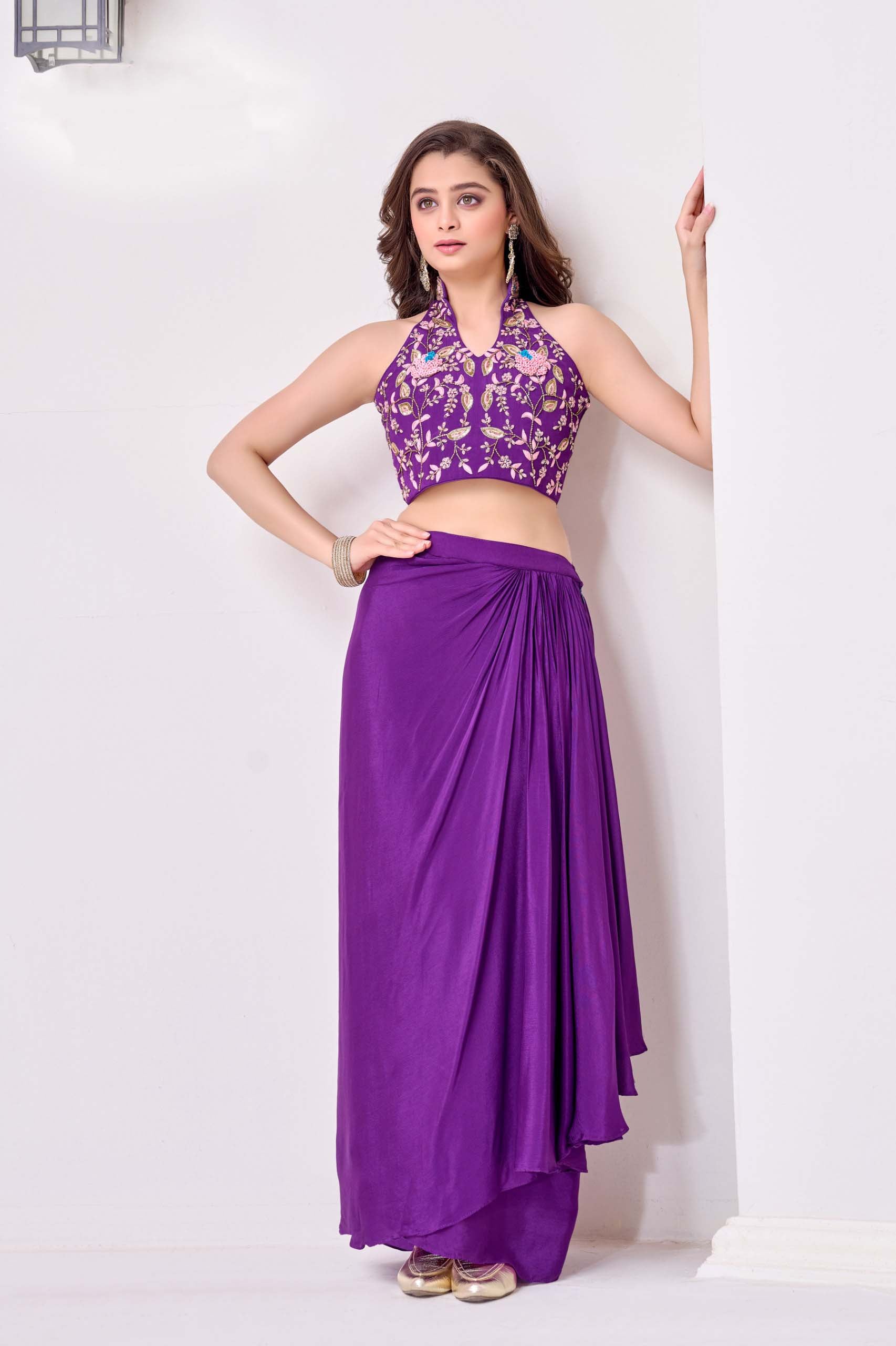 Purple Embroidered Halter Crop Top with Draped Skirt