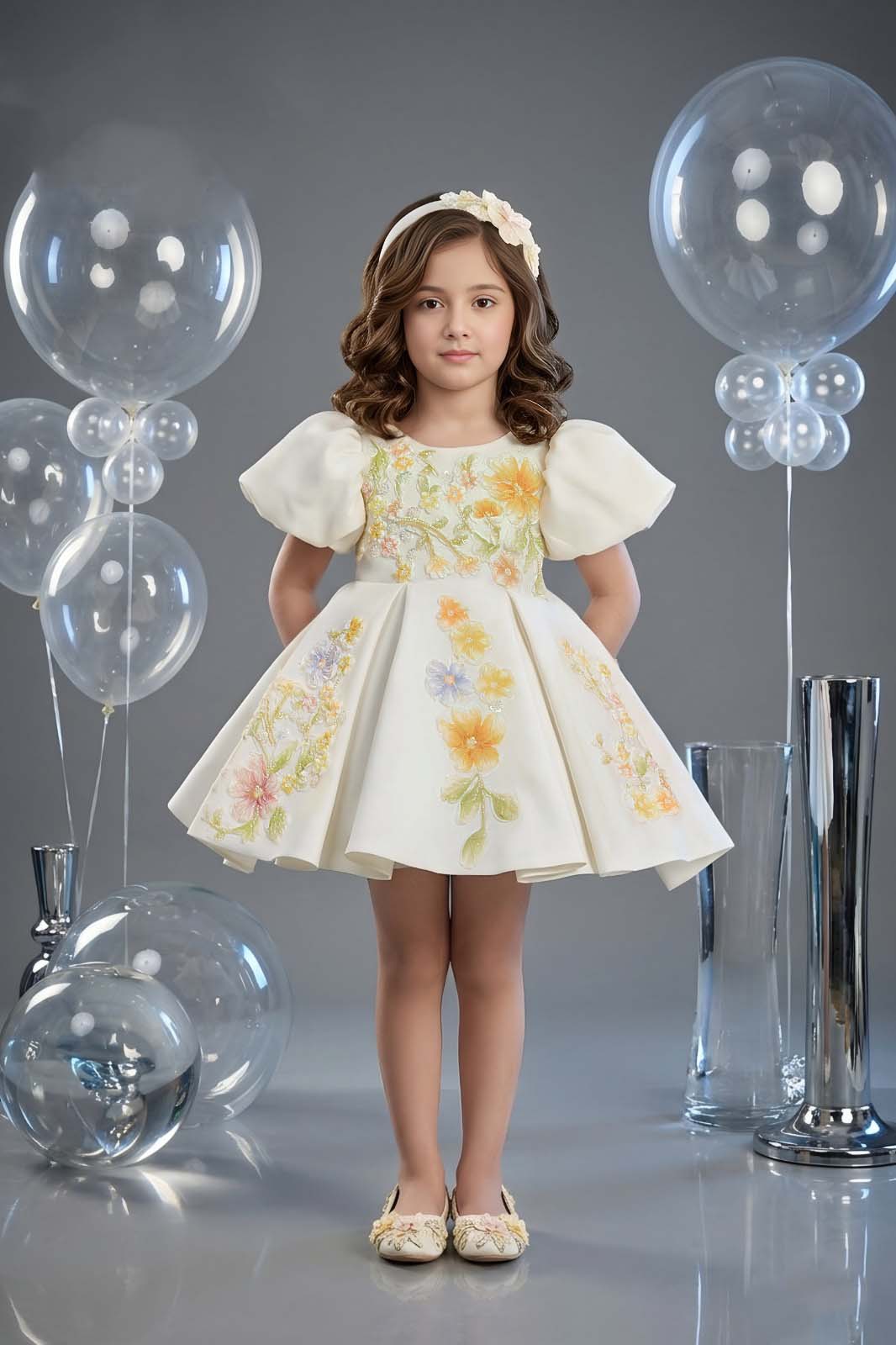 Ivory Floral Embroidered Girls Party Wear Frock - Mokshaa