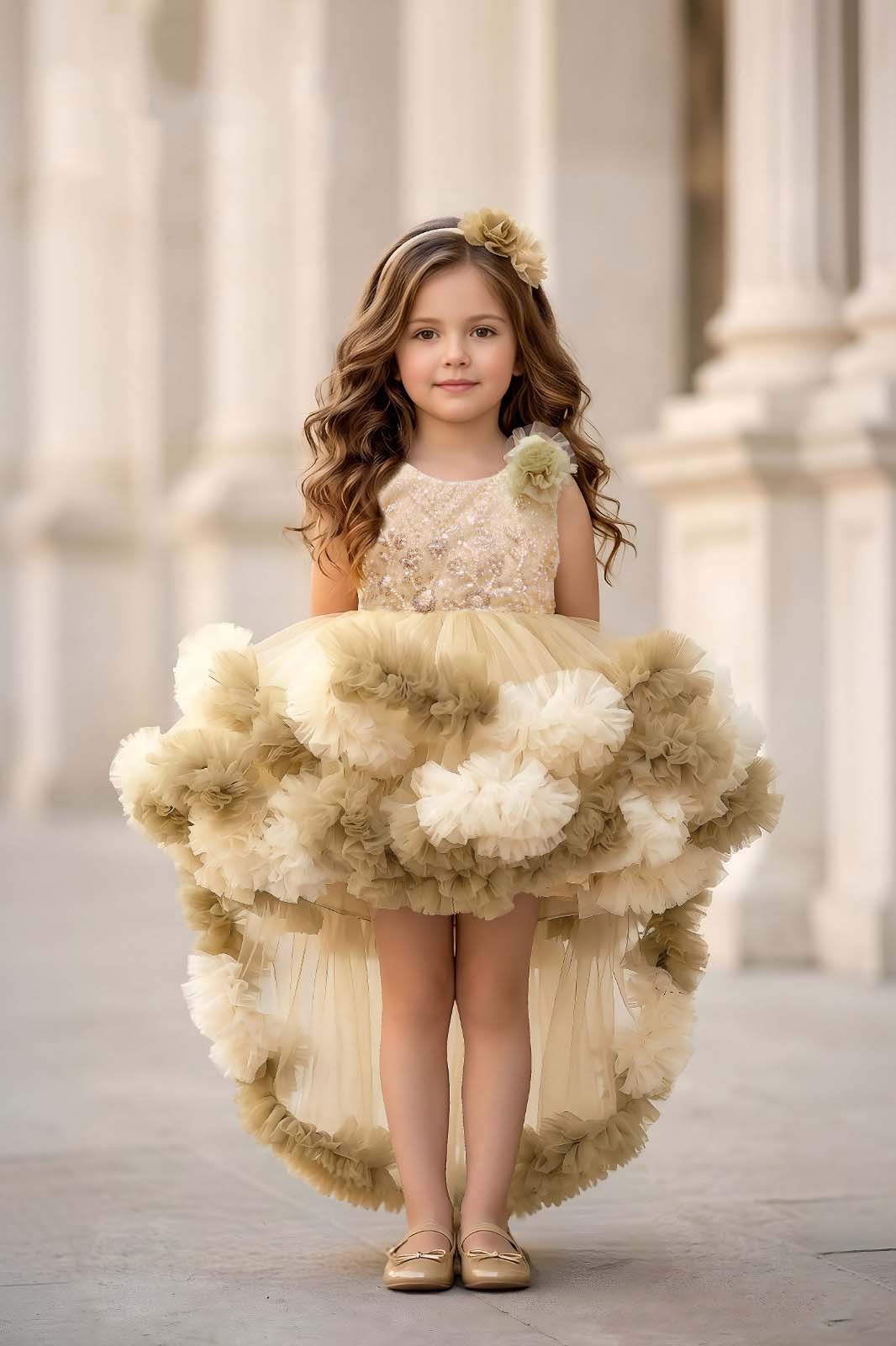 Champagne Ruffle High-Low Girls Party Wear Frock - Mokshaa
