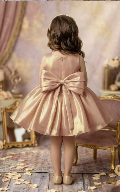 Rose Gold Satin Bow Girls Party Wear Frock - Mokshaa