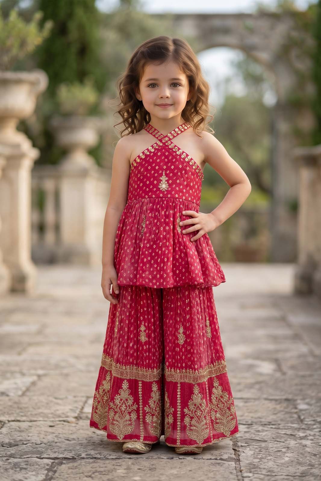 Rani Pink Sharara Set with Gold Embroidery