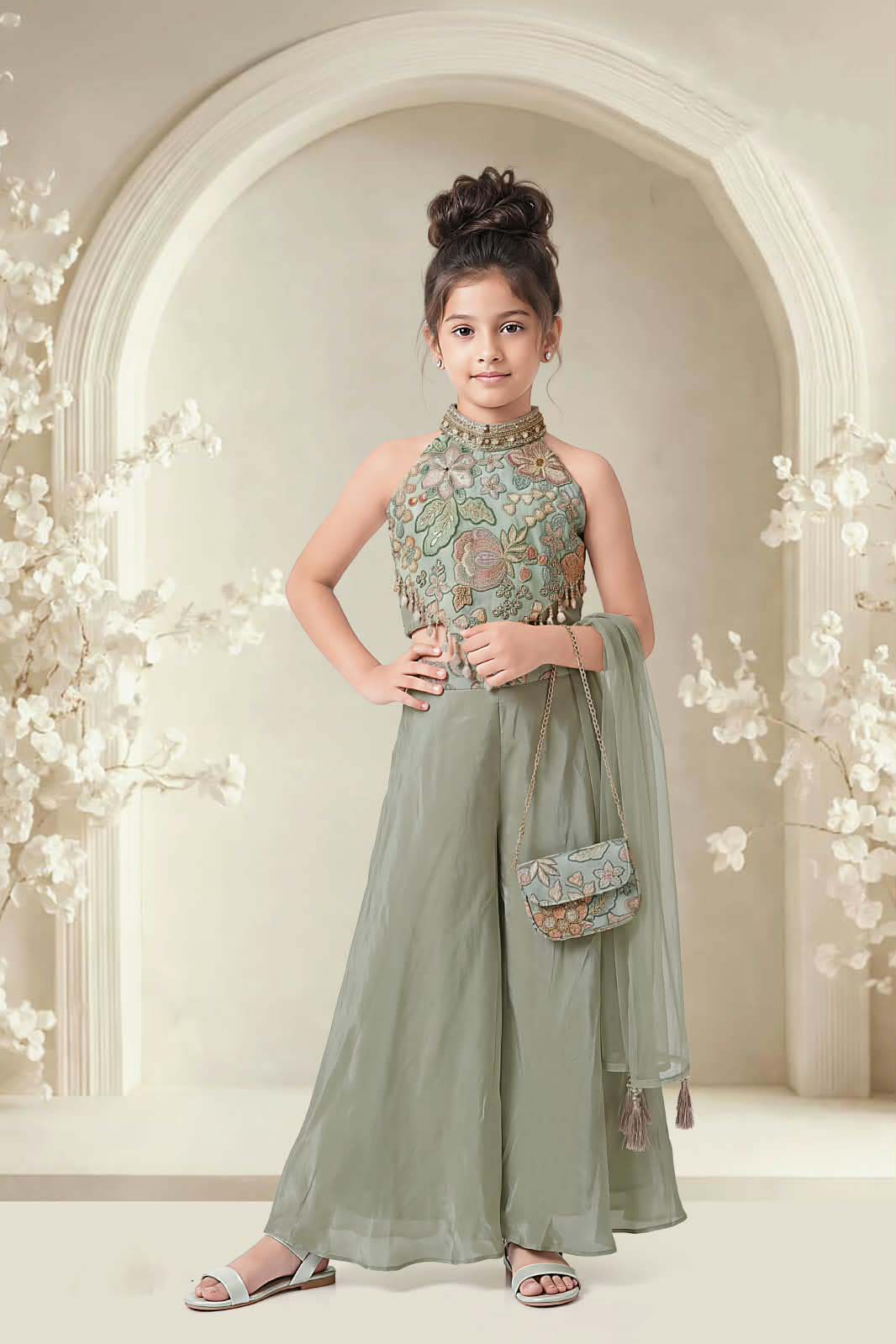 Sage Green Designer Palazzo Set for Girls