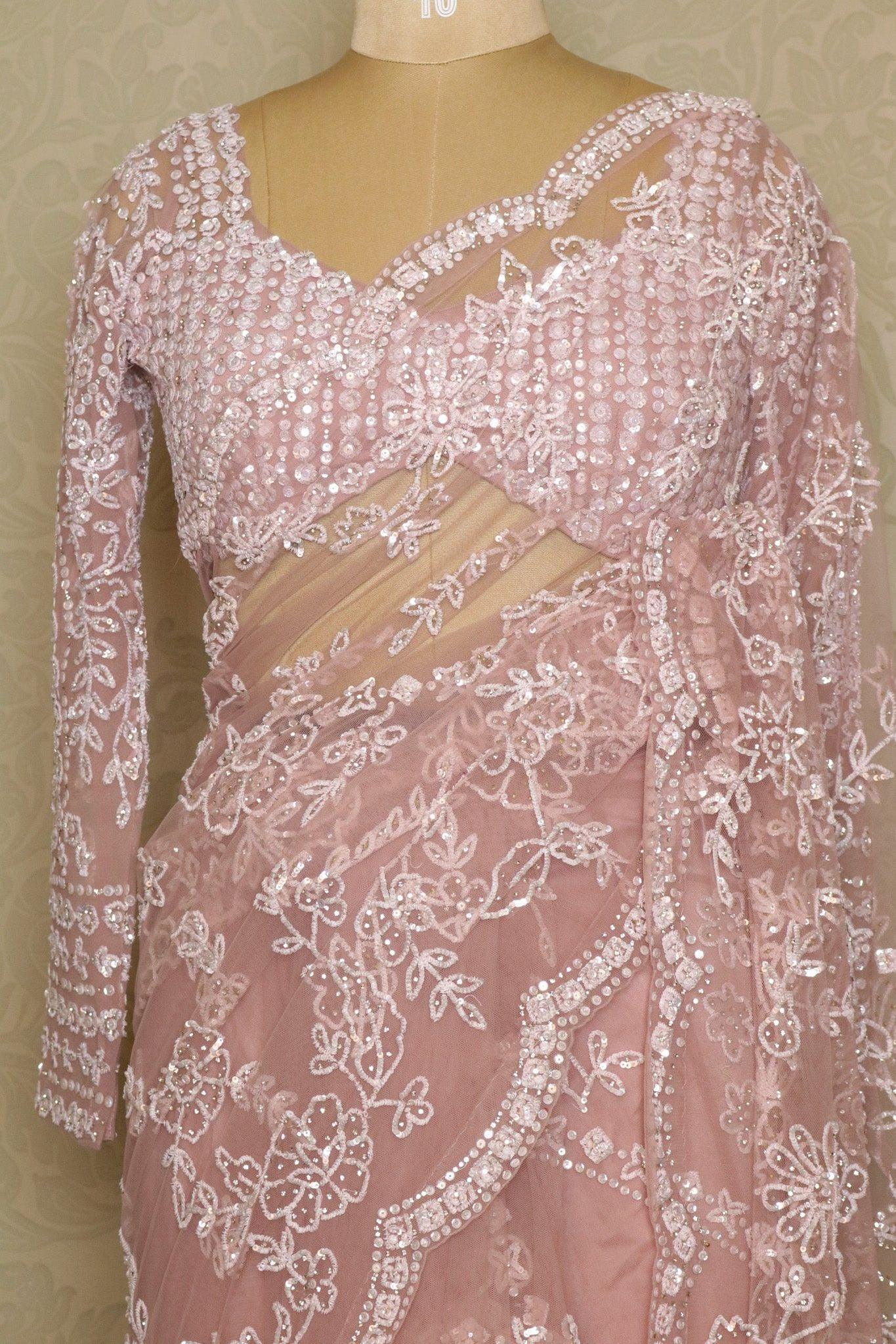 Soft Pink Net Saree with Sequin & Stone Embroidery - Mokshaa