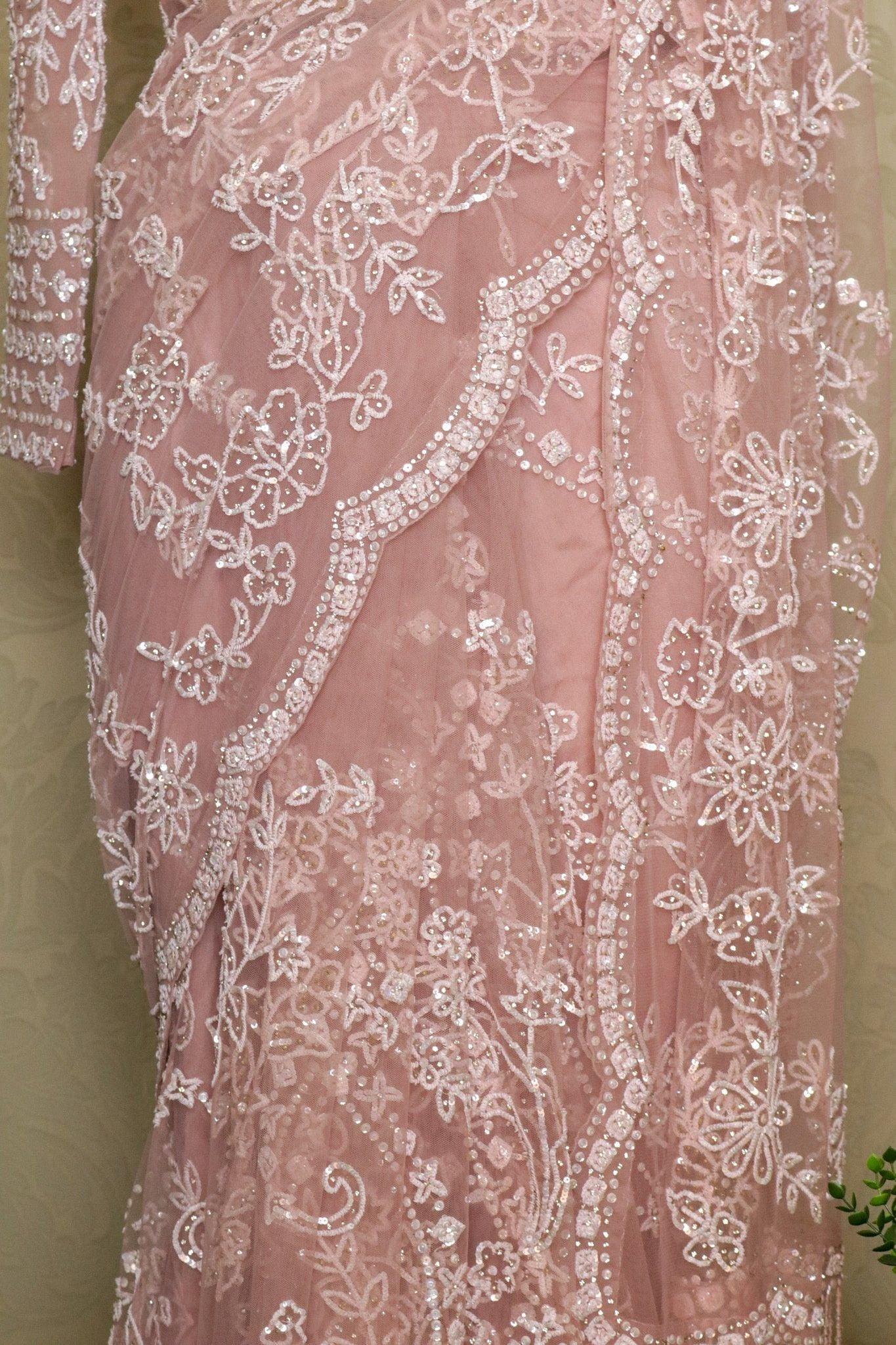 Soft Pink Net Saree with Sequin & Stone Embroidery - Mokshaa