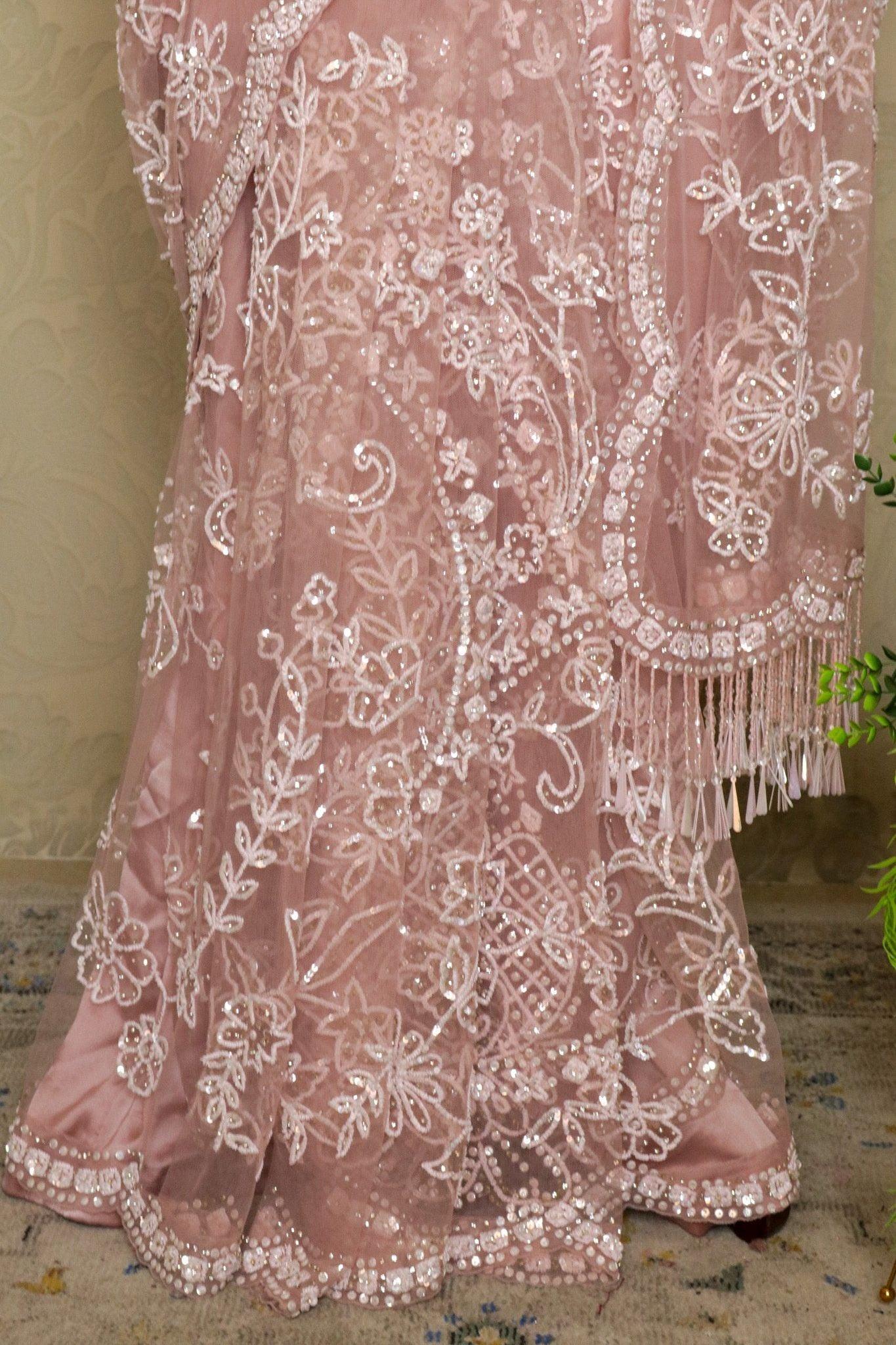 Soft Pink Net Saree with Sequin & Stone Embroidery - Mokshaa