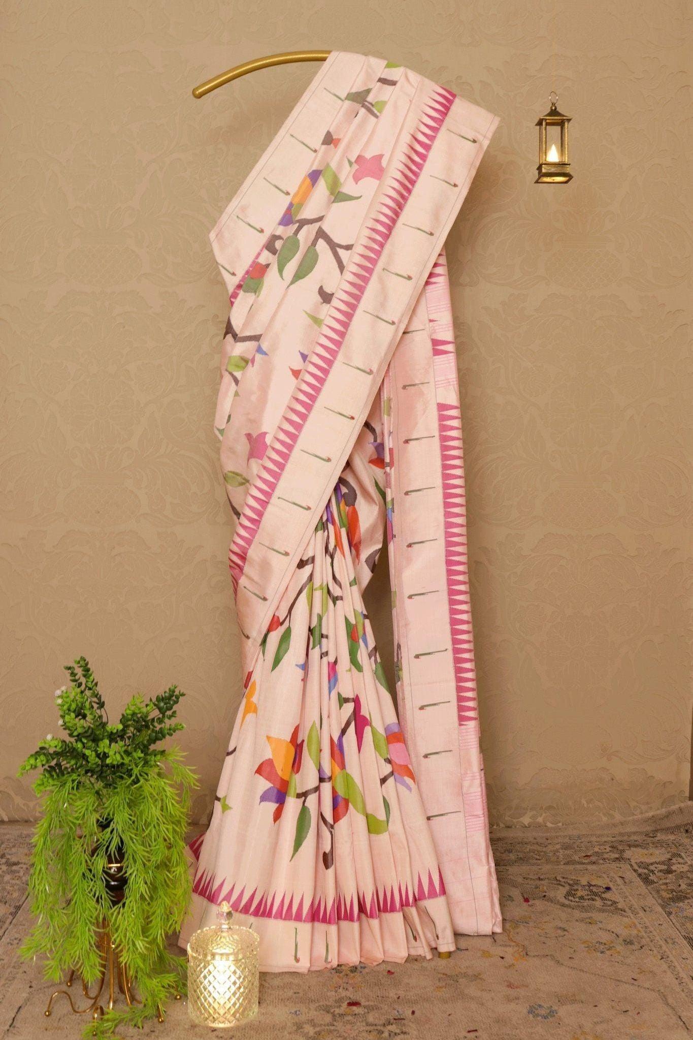 Blush Pink Paithani Saree with Multicolour Lotus Jaal and Muniya Border - Mokshaa