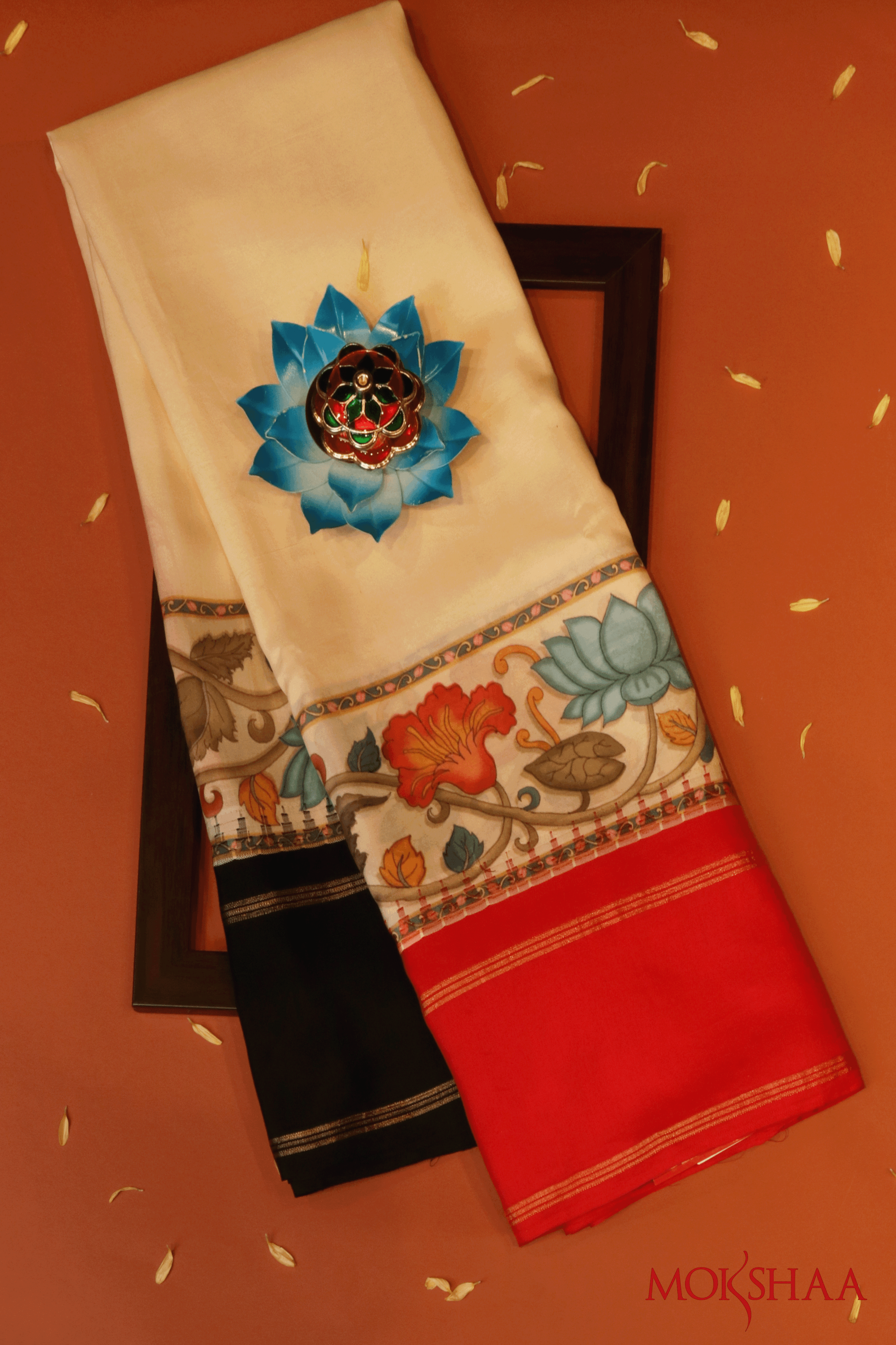 Off White Kanchipuram Silk Saree With Hand-Painted Floral Borders - Mokshaa