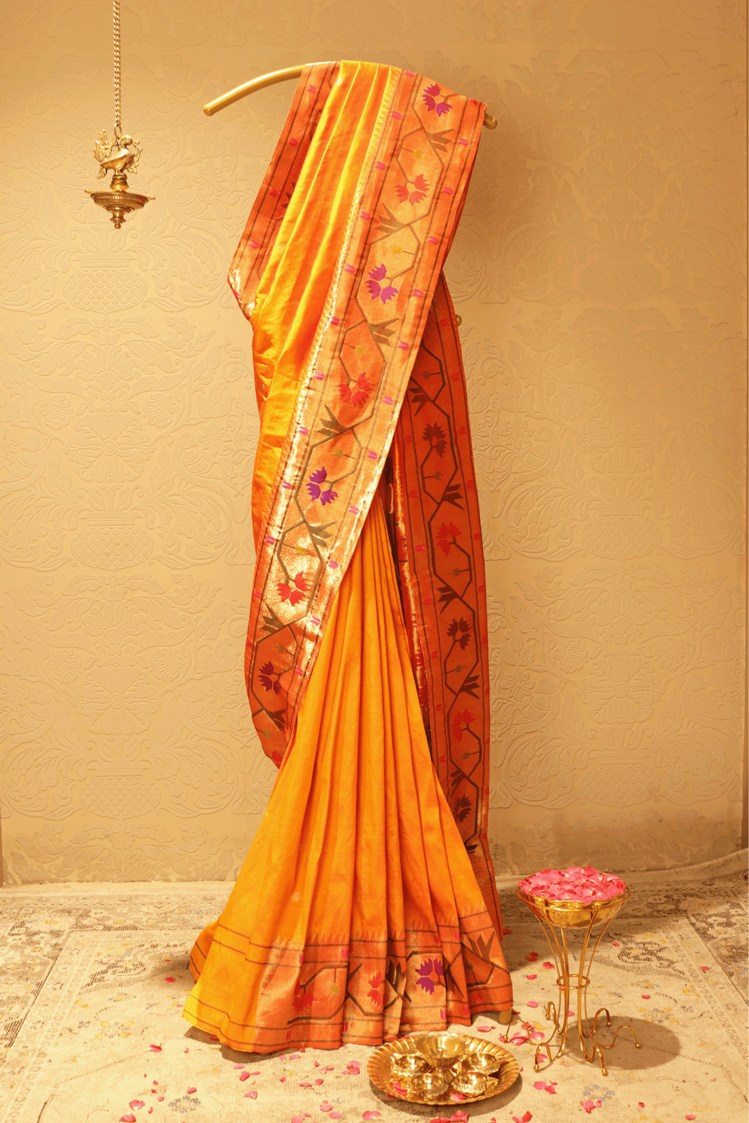 Sunset Orange Paithani Saree with Gold Zari and Lotus Motif Border - Mokshaa