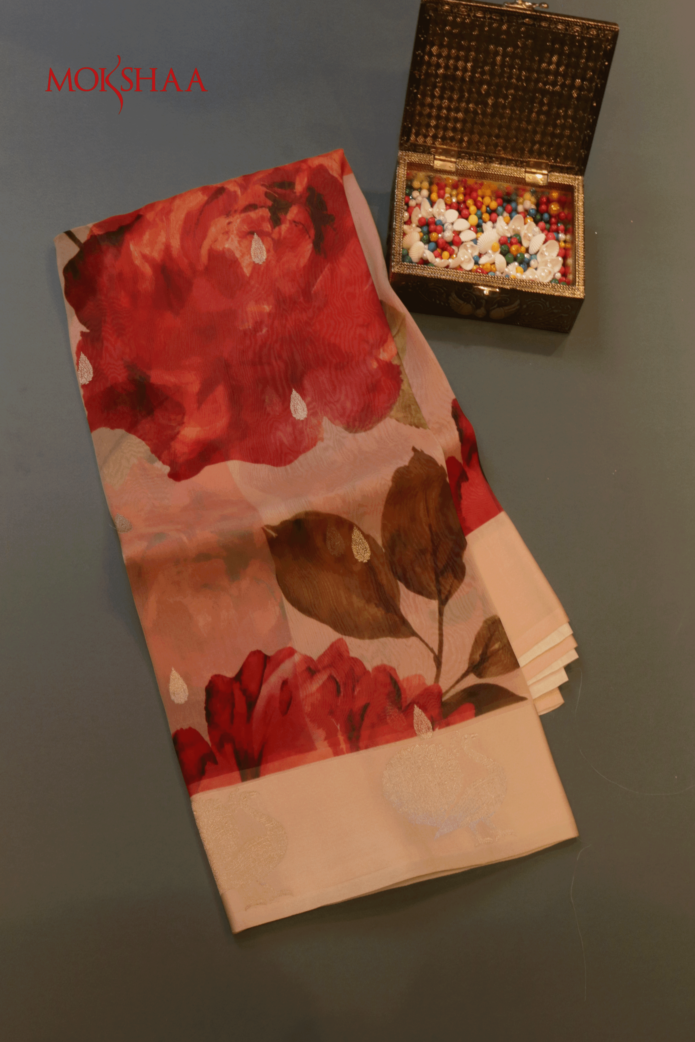 Peach Printed Organza Saree - Mokshaa