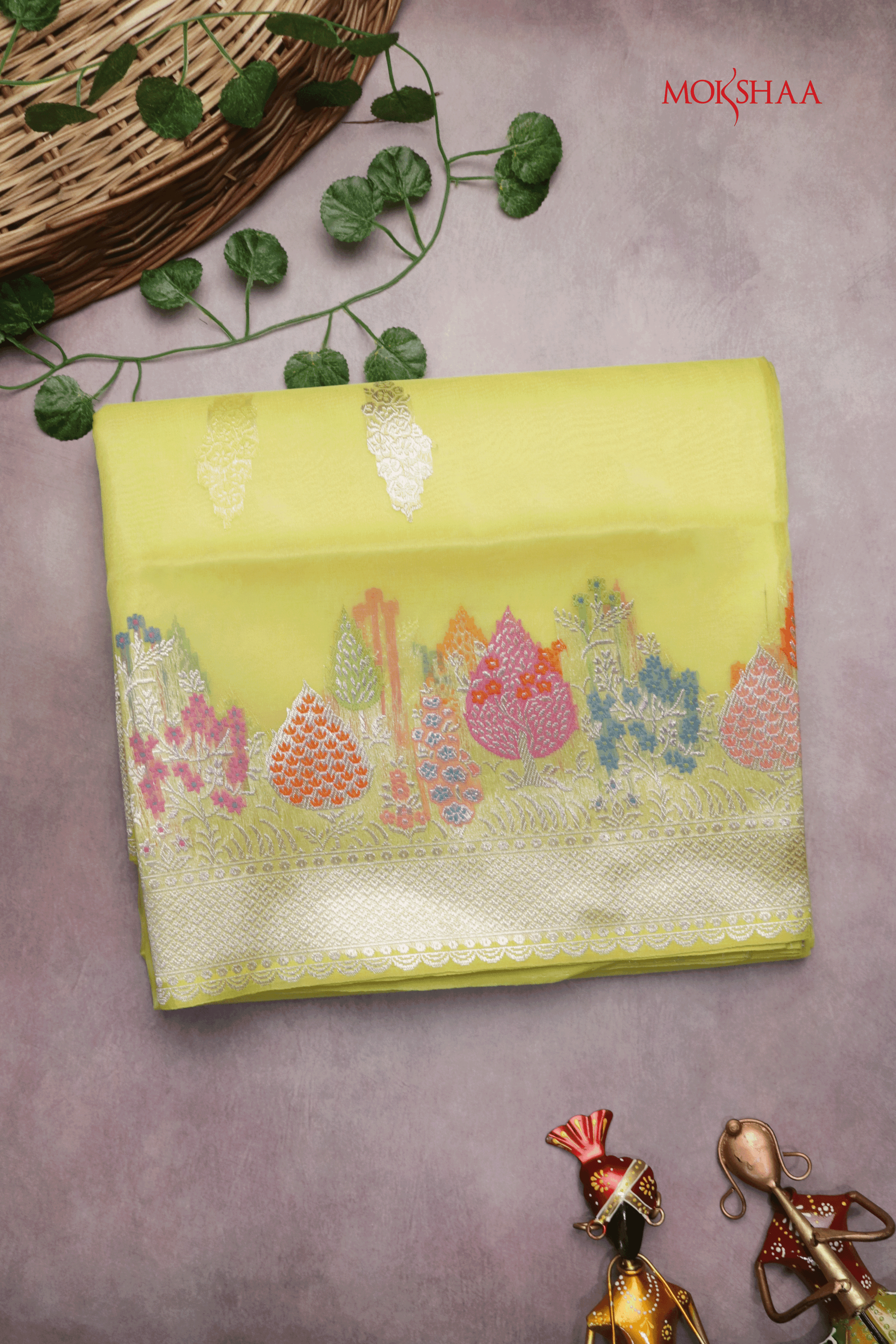 Canary Yellow Banarasi Kora Silk Saree - Mokshaa