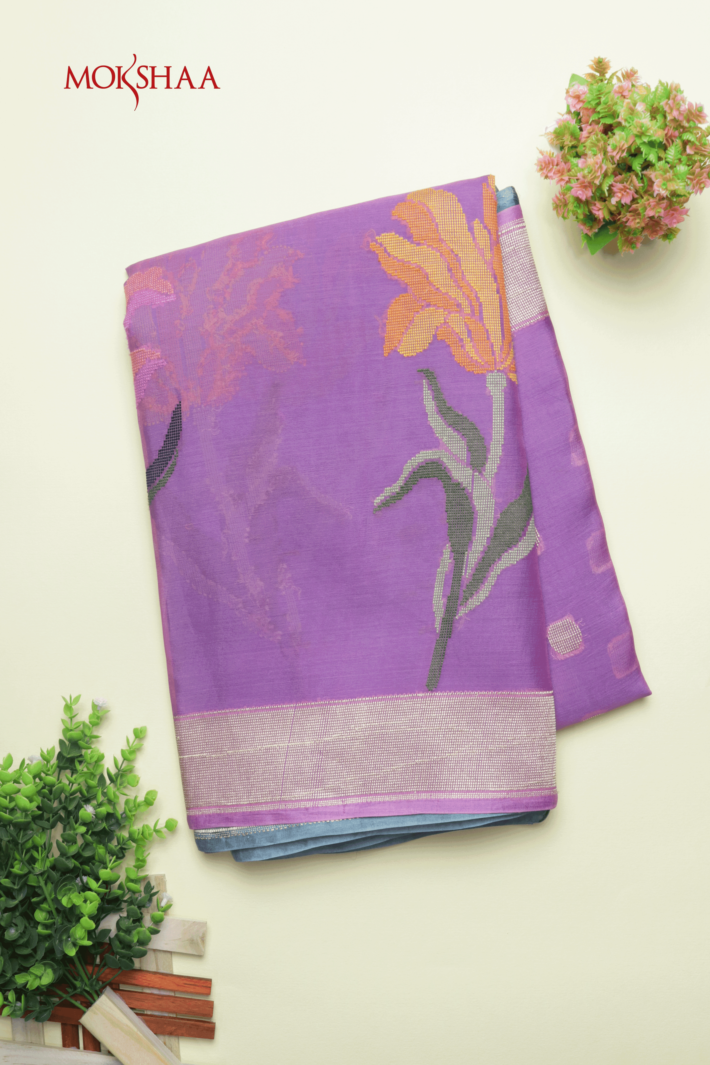 Purple and Aqua Blue Shaded Banarasi Kora Silk Saree - Mokshaa