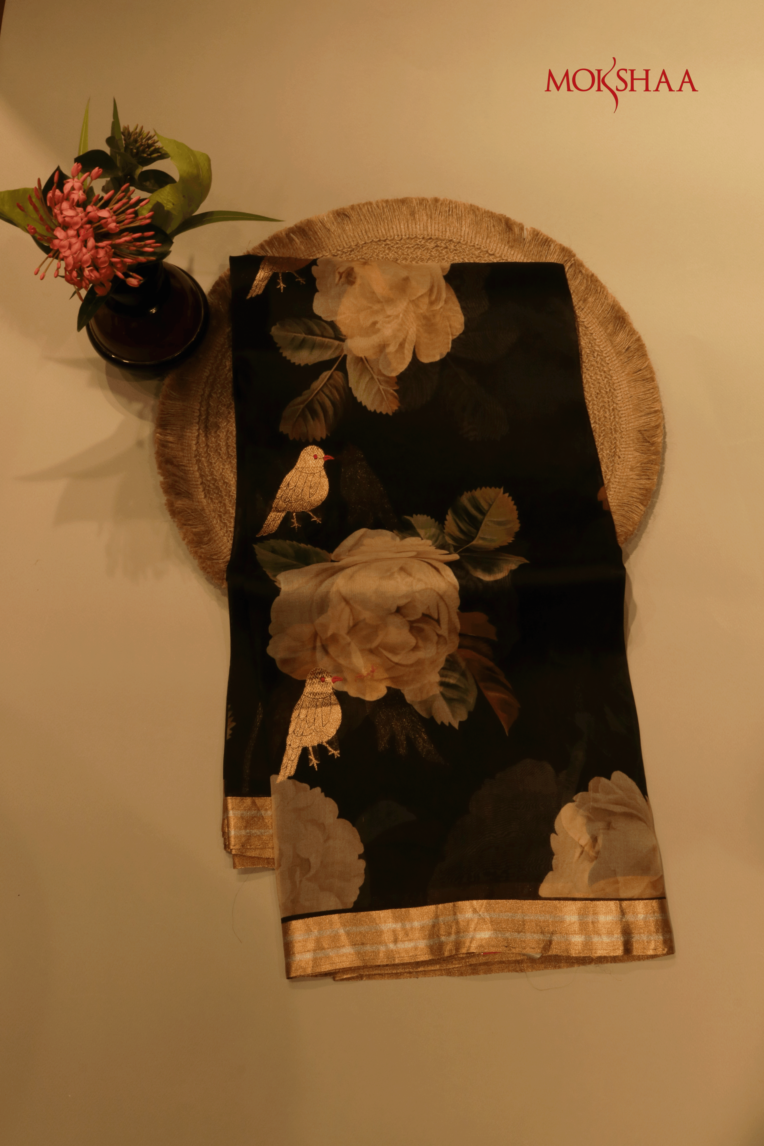 Black Printed Organza Saree - Mokshaa