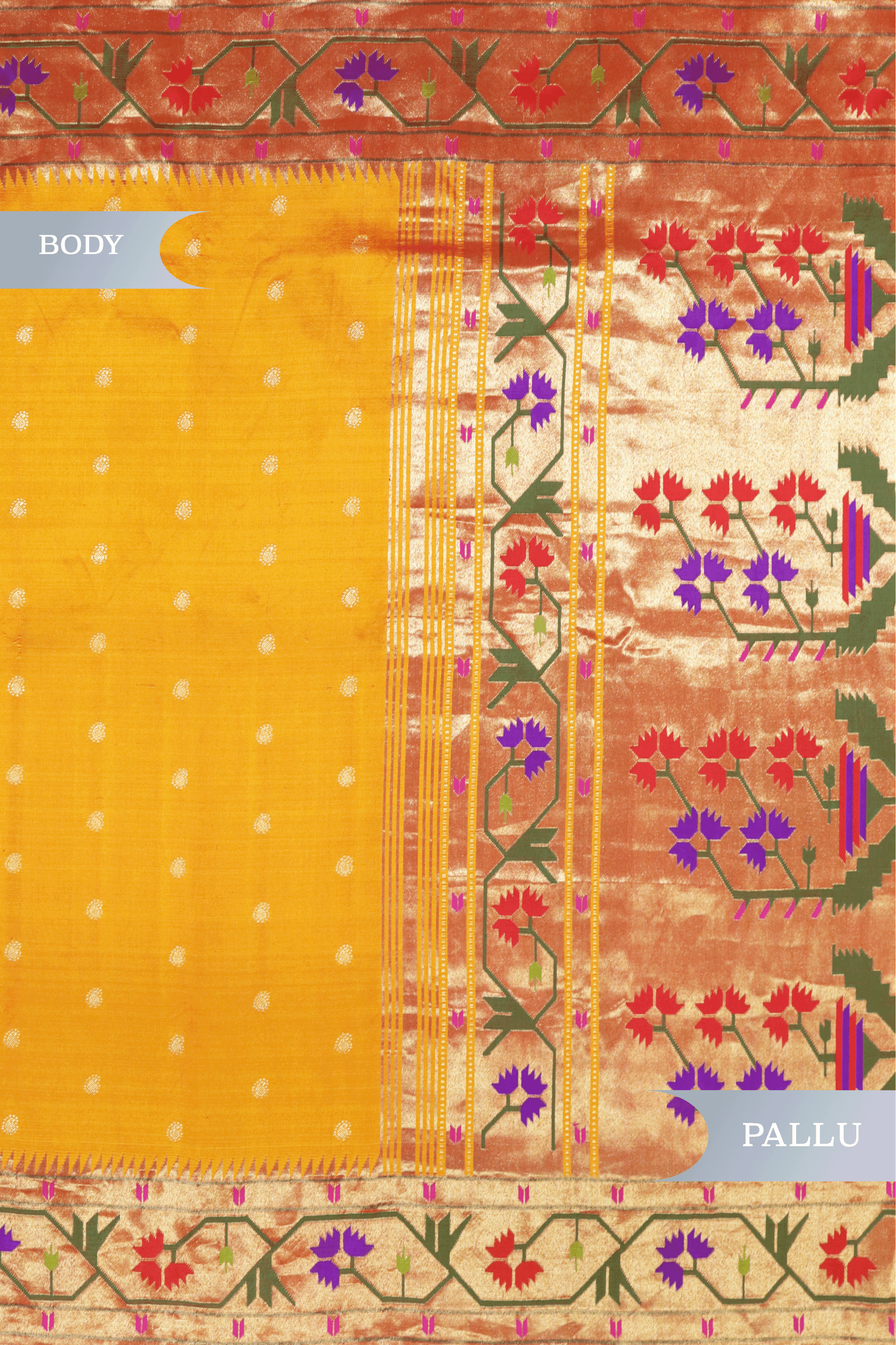 Sunset Orange Paithani Saree with Gold Zari and Lotus Motif Border - Mokshaa