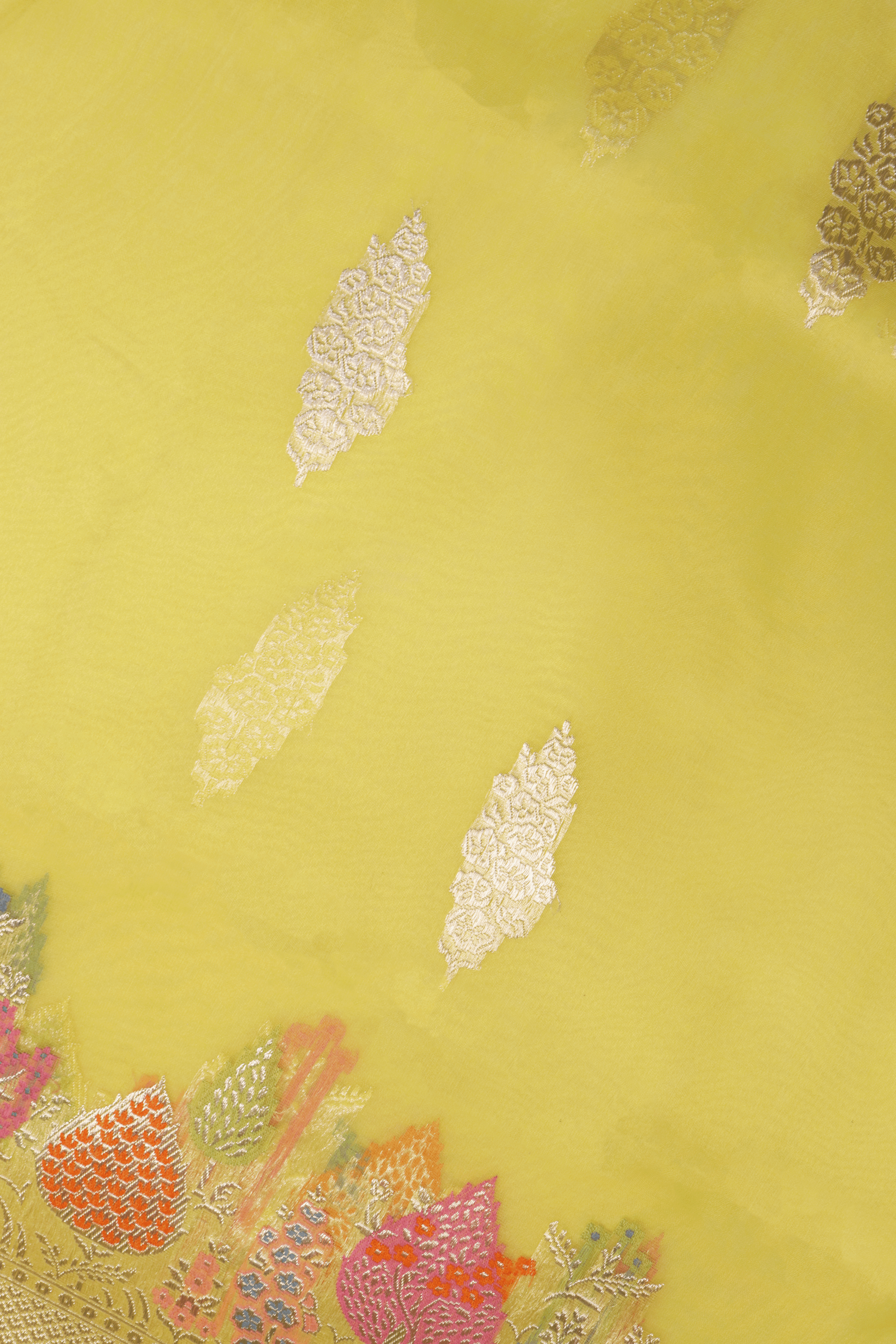 Canary Yellow Banarasi Kora Silk Saree - Mokshaa
