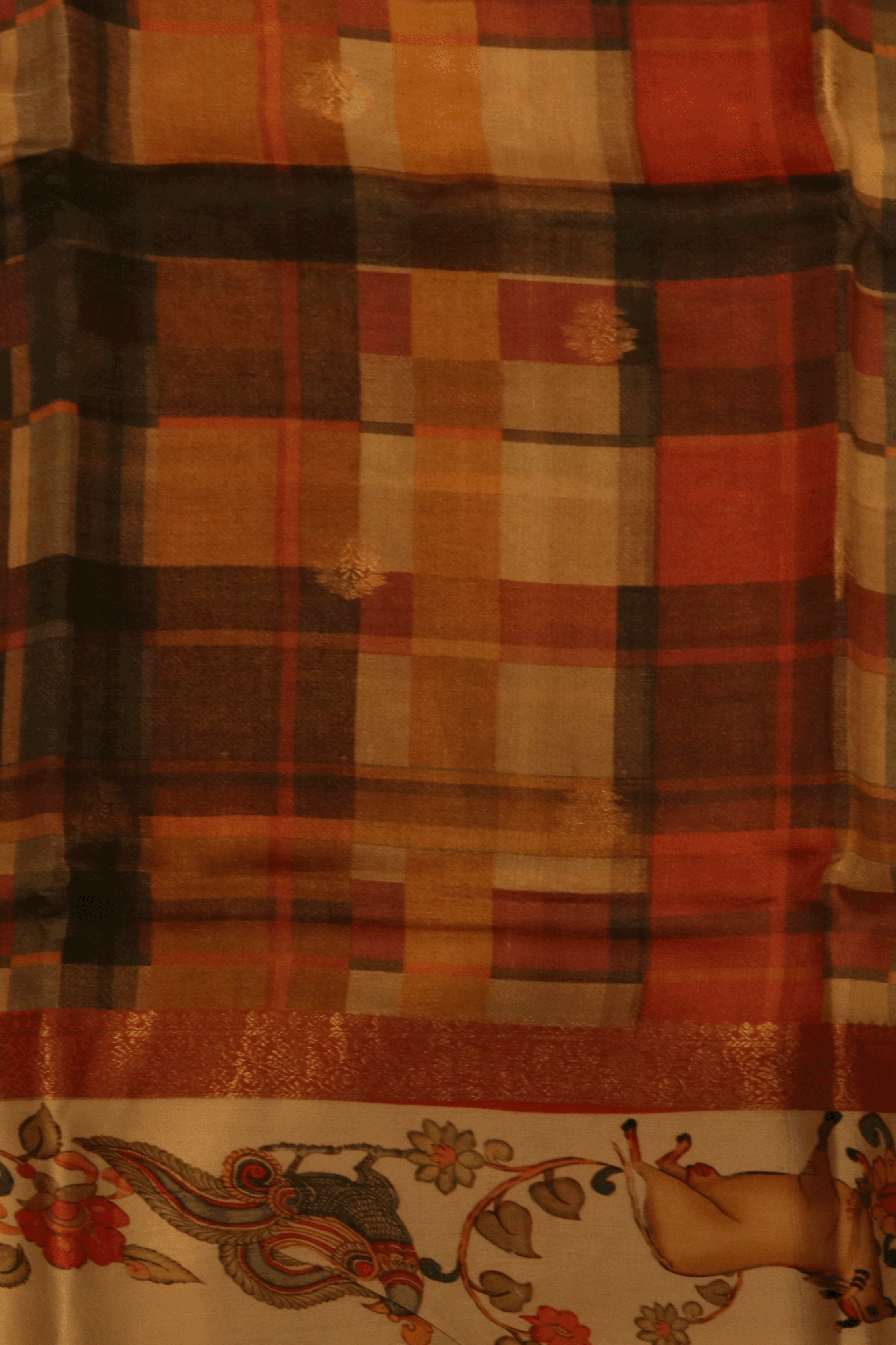 Multicoloured Checked Tussar Saree With Kalamkari Animal Border - Mokshaa