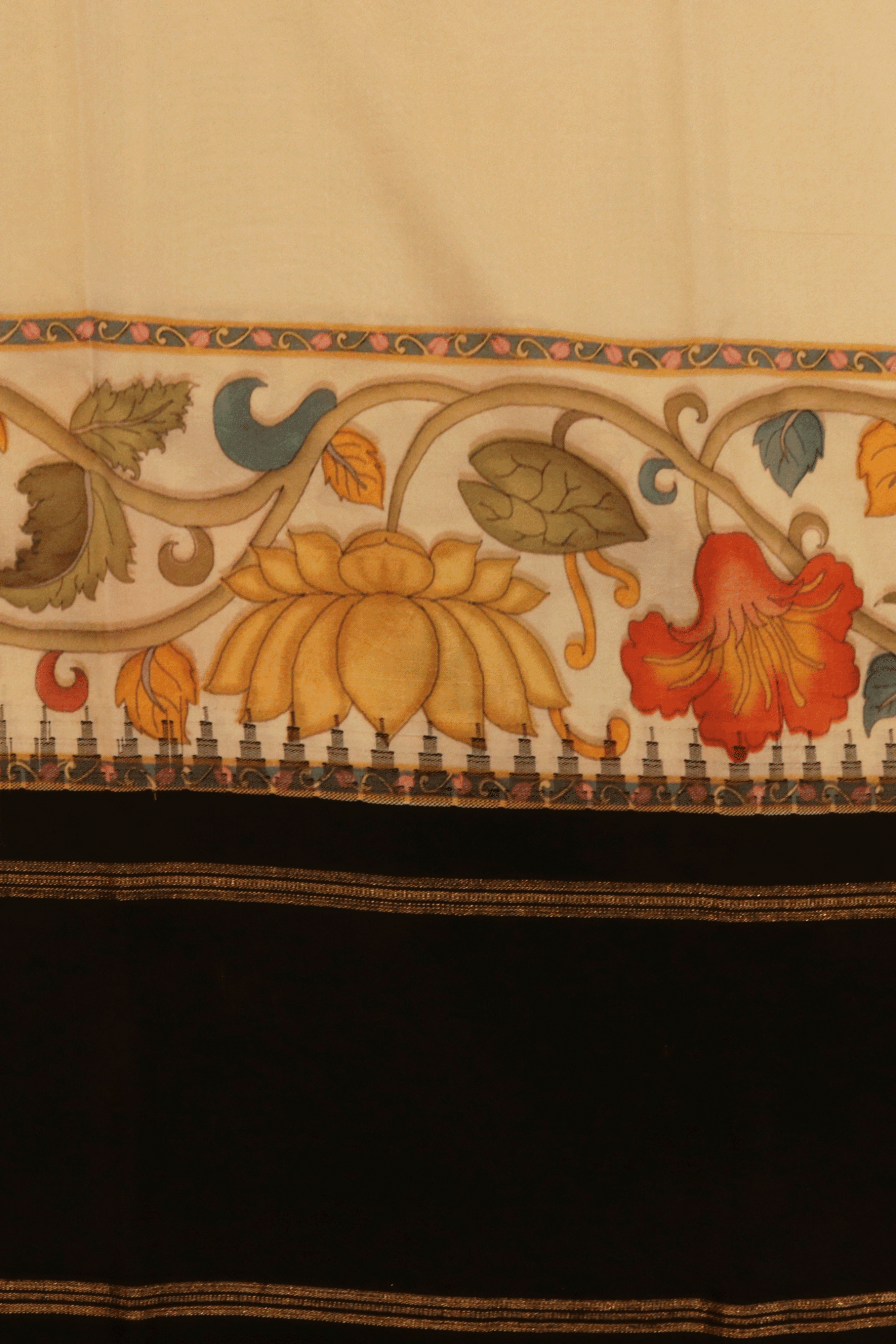 Off White Kanchipuram Silk Saree With Hand-Painted Floral Borders - Mokshaa