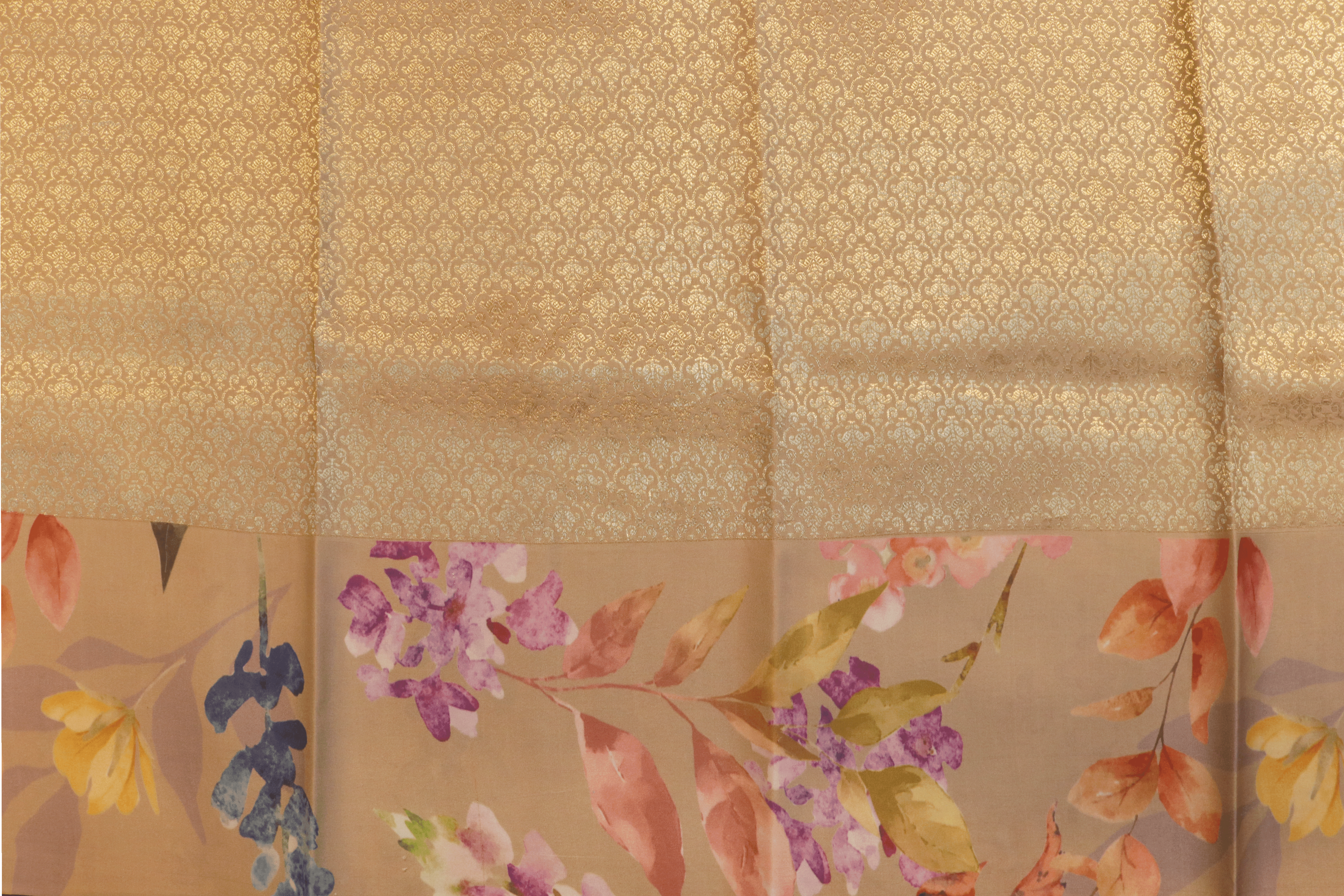Beige Printed Satin Silk Saree - Mokshaa