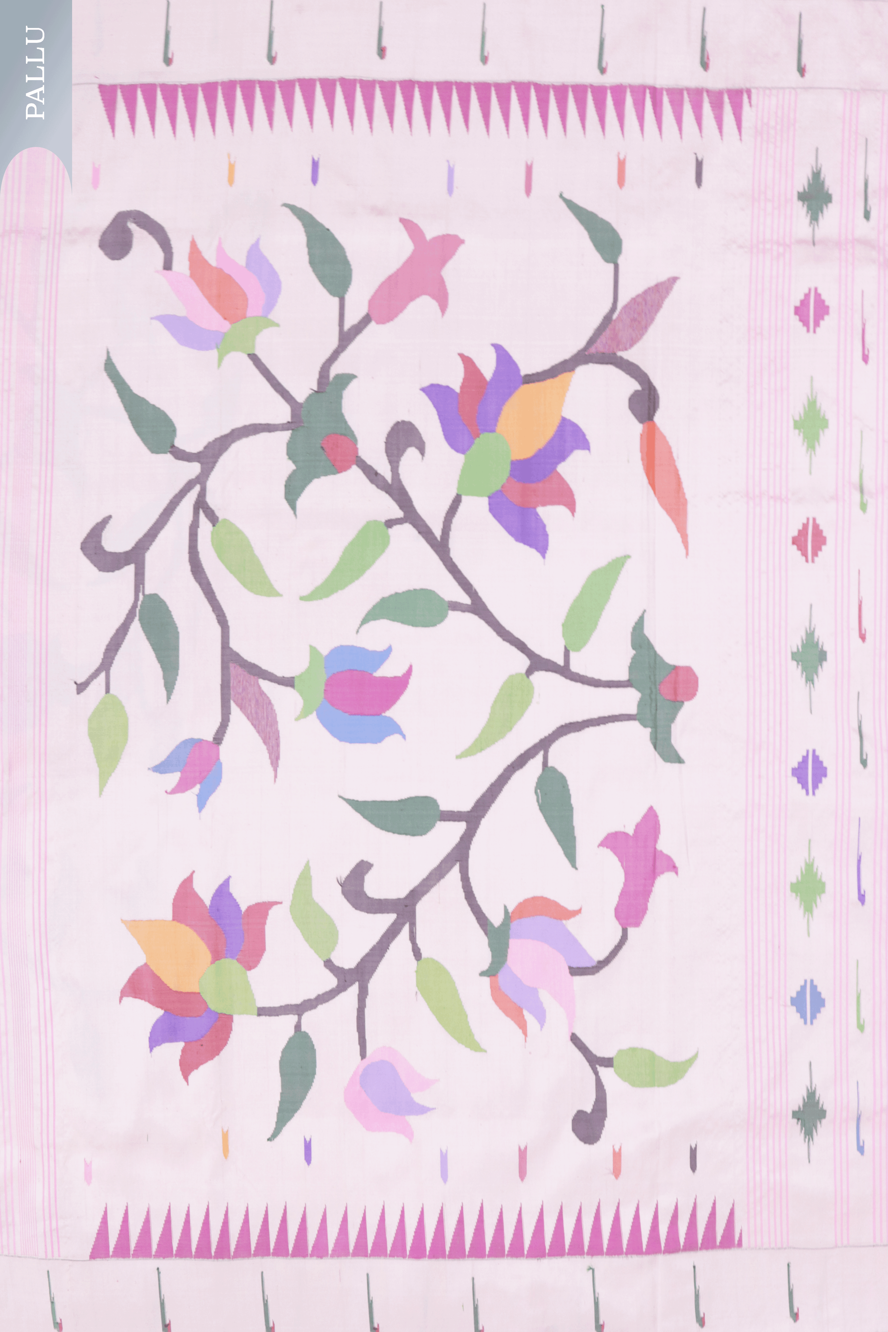 Blush Pink Paithani Saree with Multicolour Lotus Jaal and Muniya Border - Mokshaa