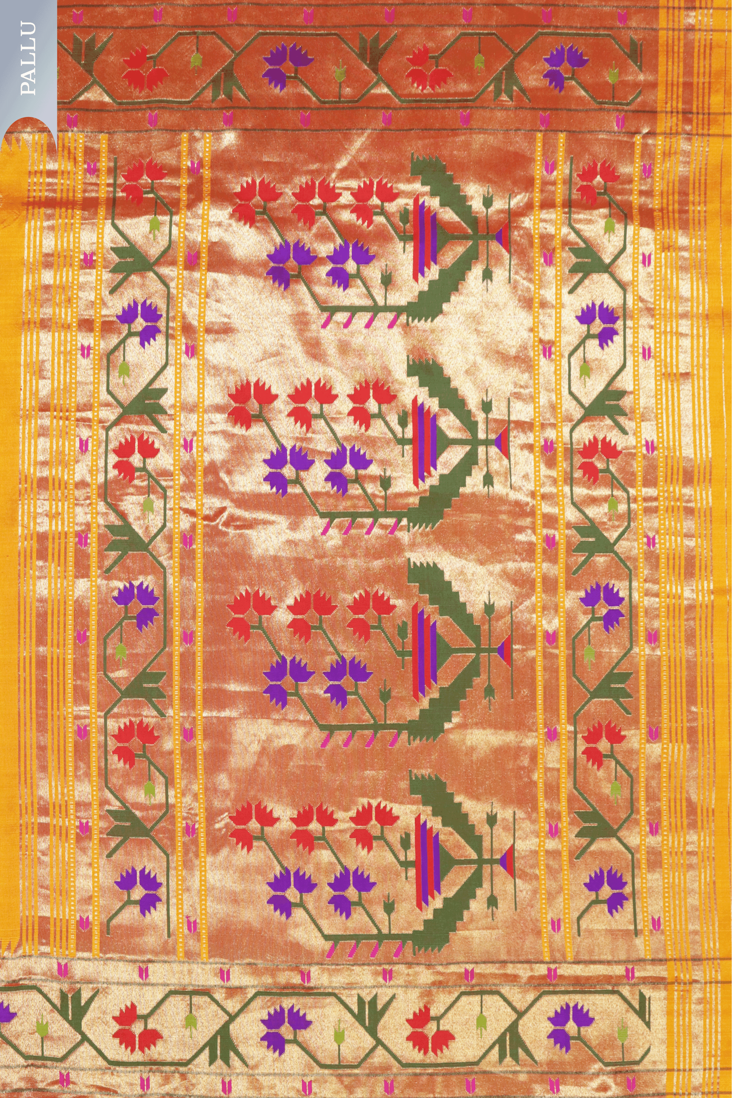 Sunset Orange Paithani Saree with Gold Zari and Lotus Motif Border - Mokshaa