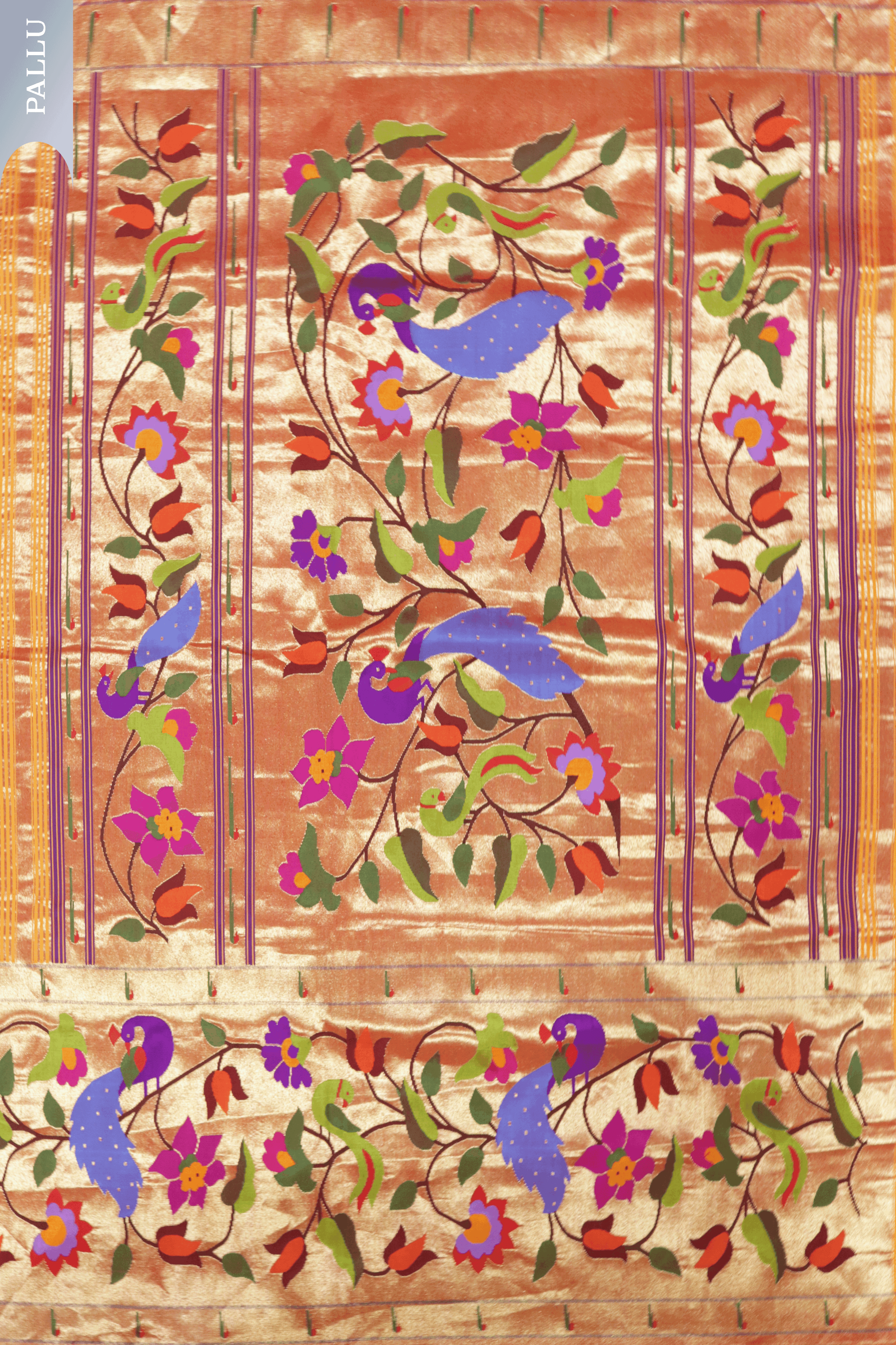 Orange Paithani Silk Saree with Multicolour Peacock Motif Pallu - Mokshaa