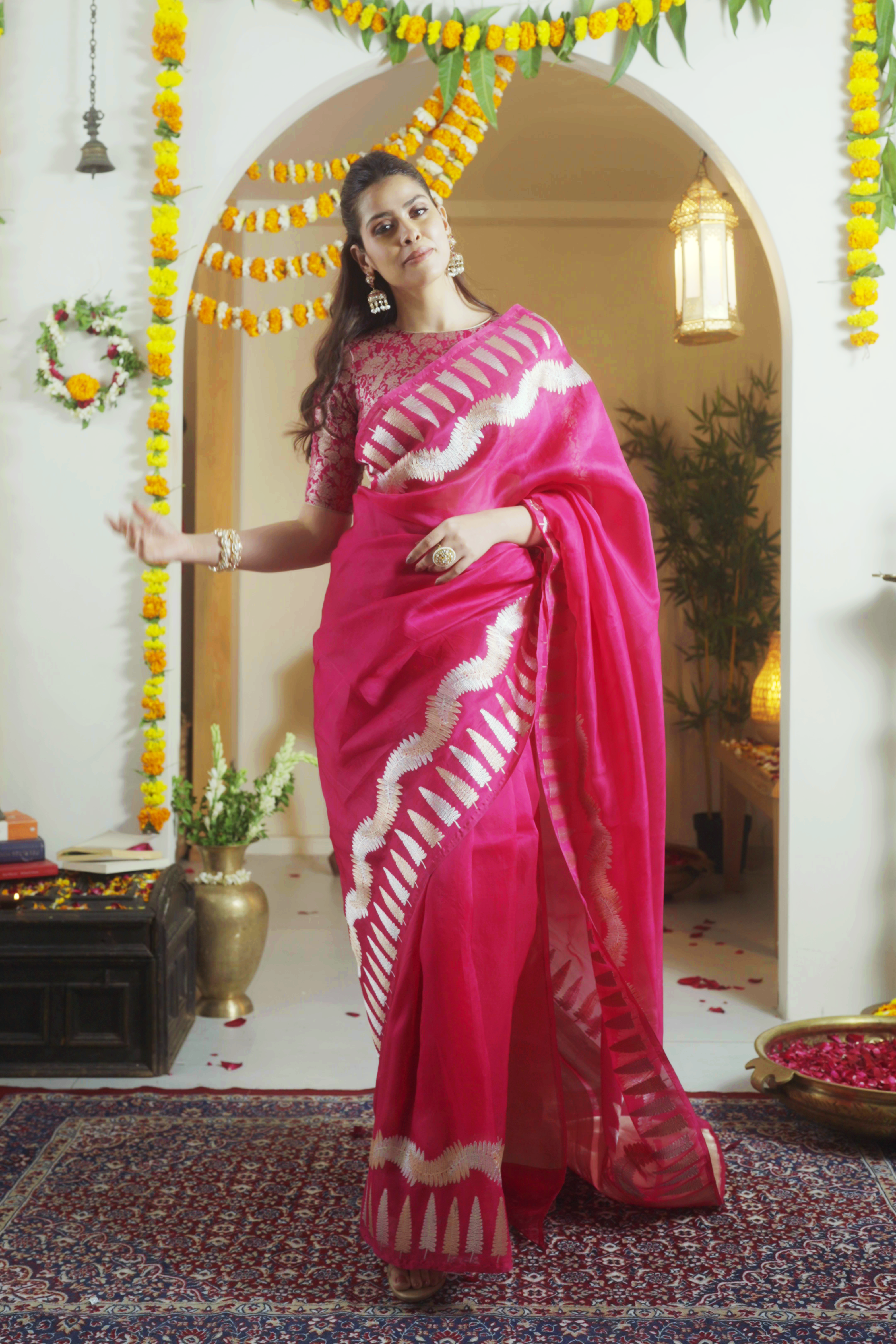 Rani Pink Banarasi Kora Silk Saree