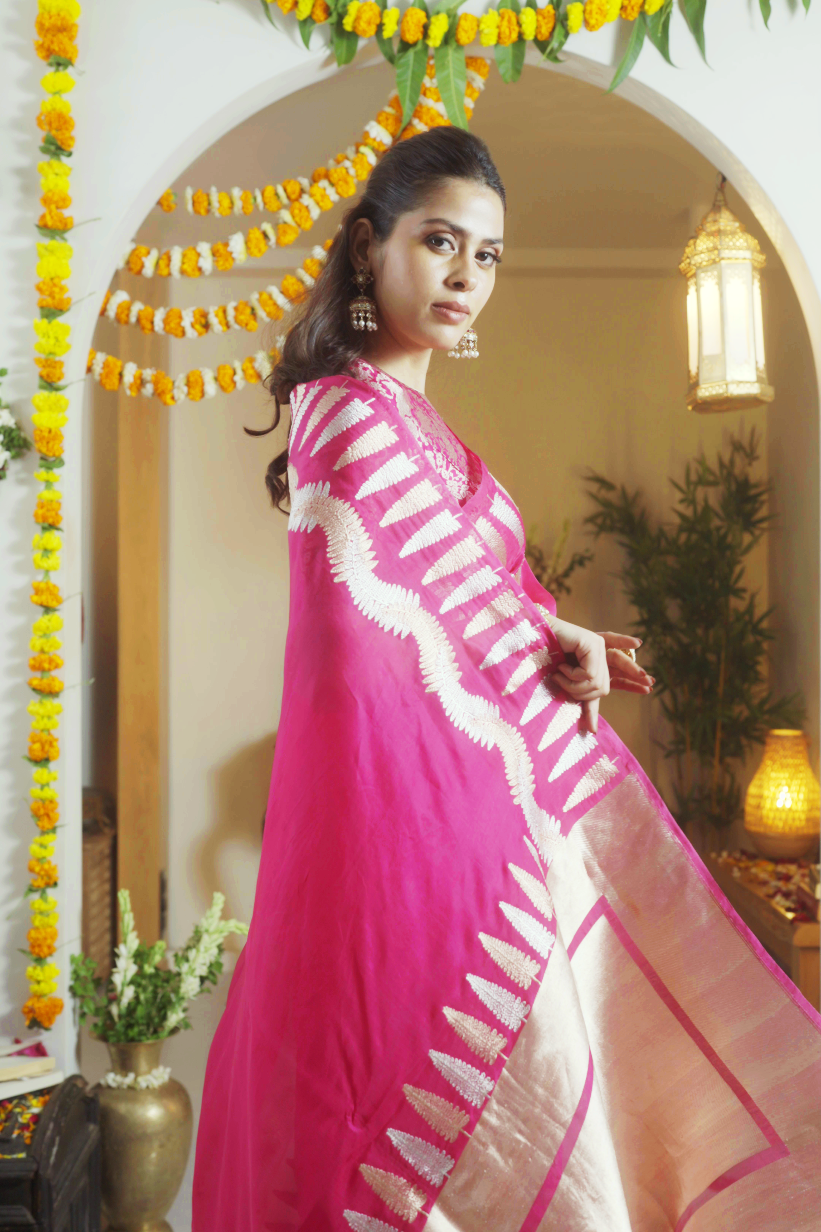 Rani Pink Banarasi Kora Silk Saree