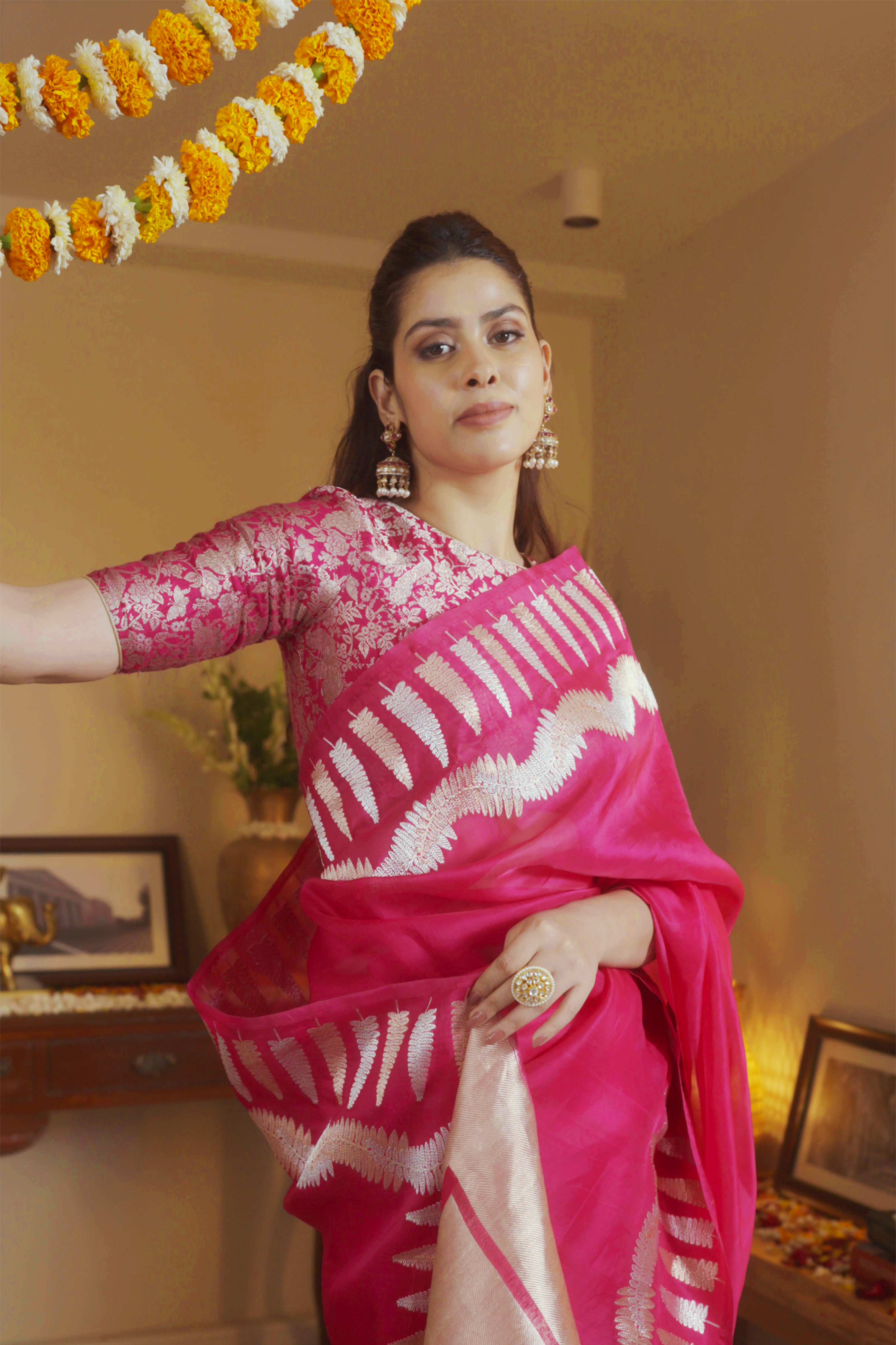 Rani Pink Banarasi Kora Silk Saree