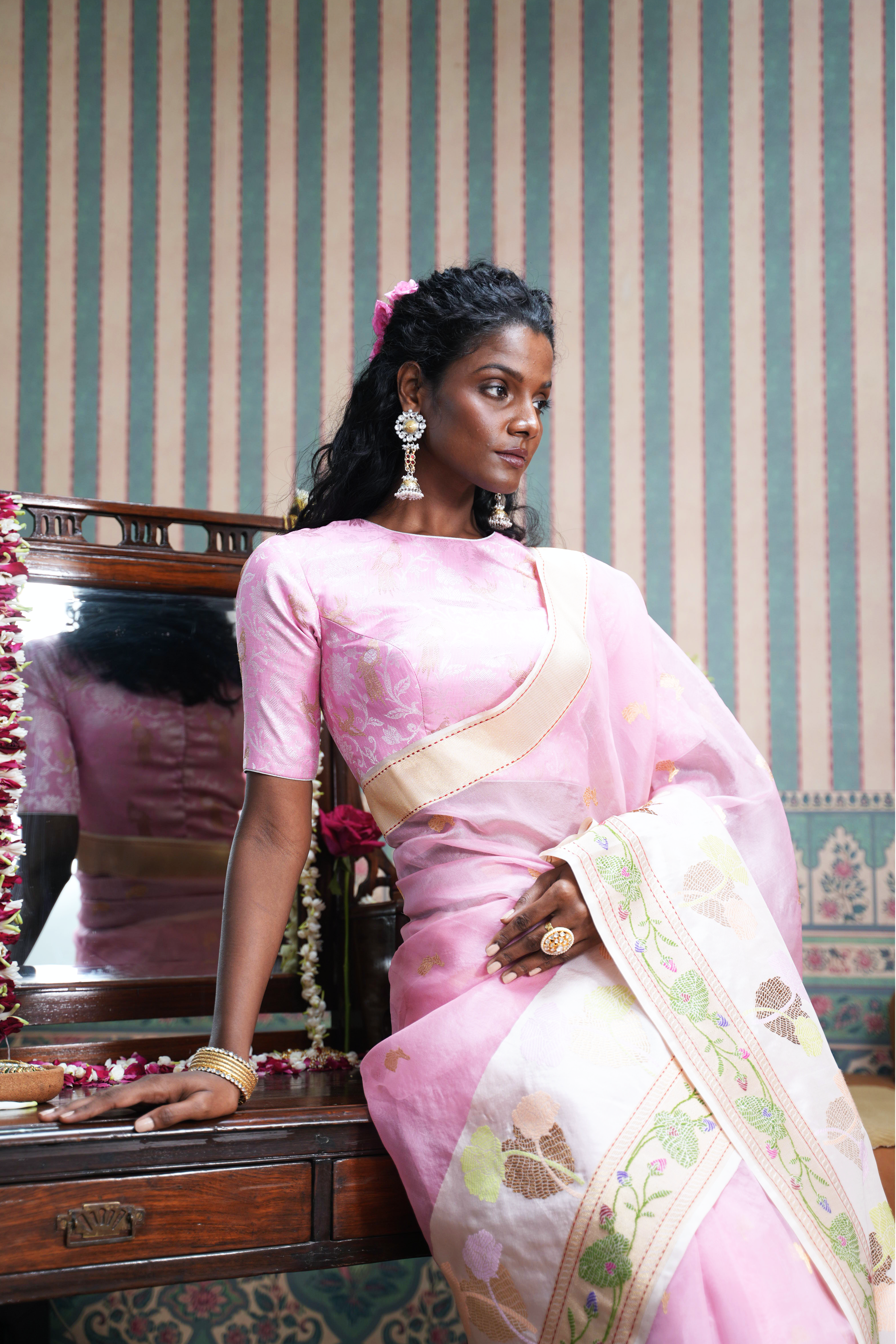 Light Pink Banarasi Kora Silk Saree
